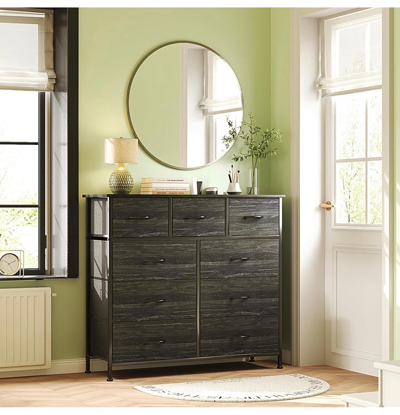 Chest of Drawers,Dresser for Bedroom with 9 Drawers,Fabric Dresser with Wood Top and Handles Metal Frame, Easy to Assemble, for Bedroom, Living room, Charcoal Black