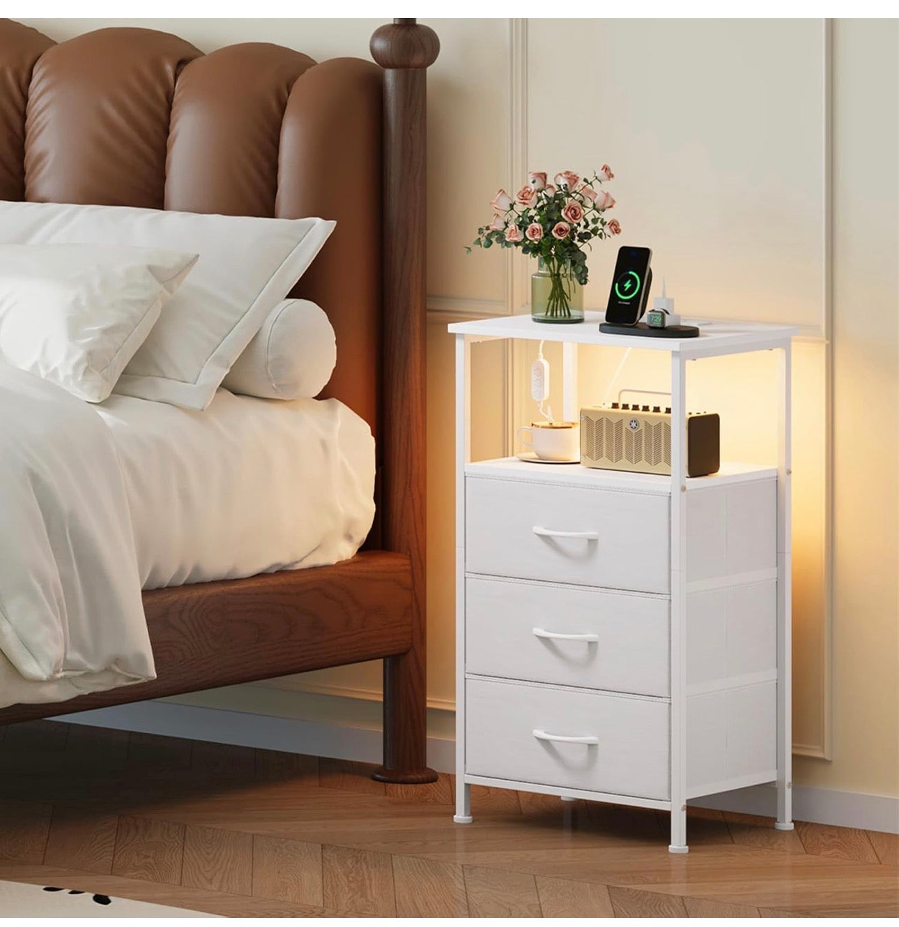 3 Drawers Chest of Drawers for Bedroom with Charging Station and LED Light, Bedside Table with 2 Outlets and 2 USB Ports, Bed Side Table Cabinet for Dorm Kids Room Closet, White Leather