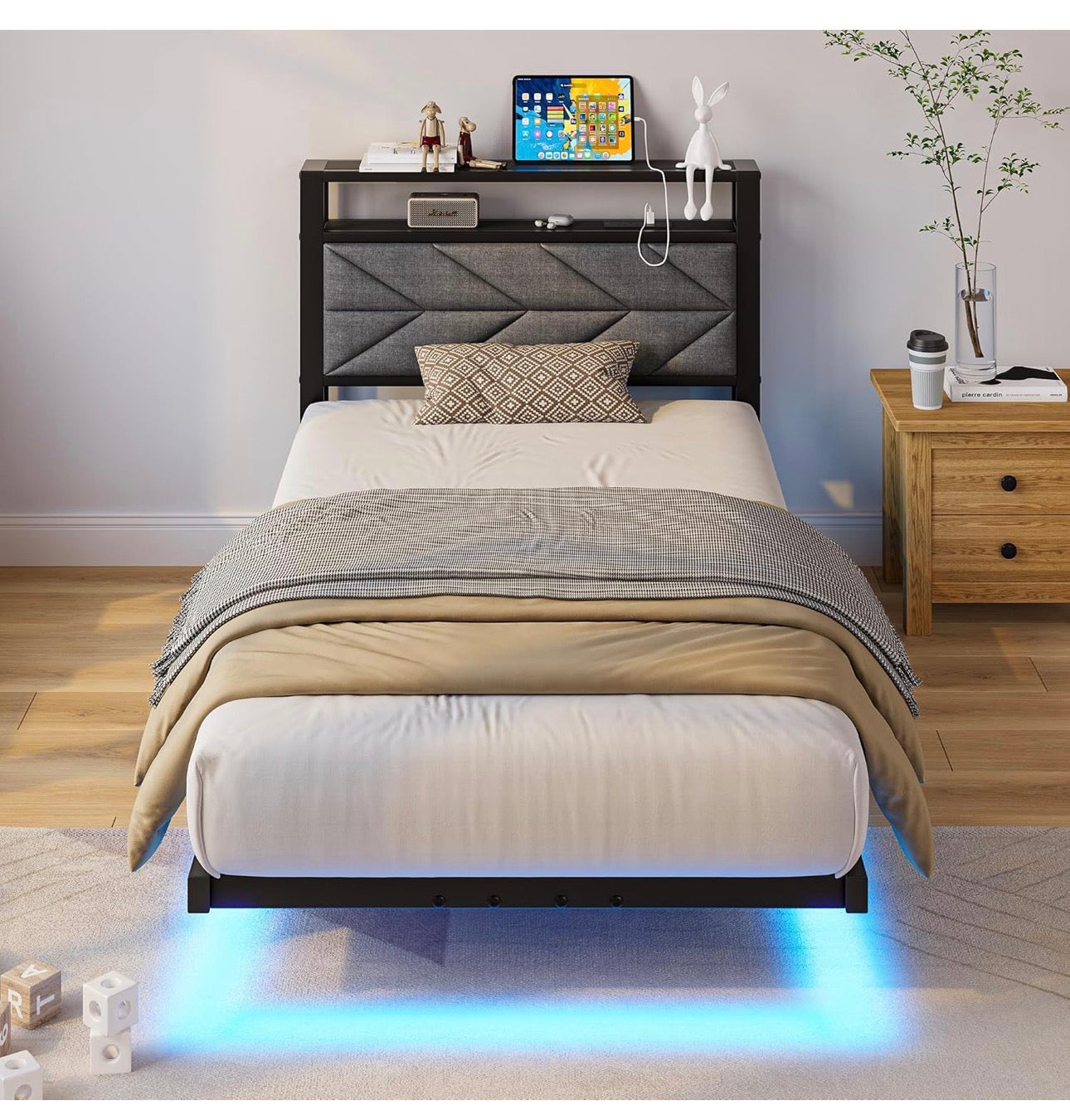 3ft Floating Single Bed Frame Upholstered Platform Bed with Storage Shelf Headboard,Charging Station/LED Lights,Metal Slat Support/Noise Free,No Box Spring Needed,90x190 Single Size,Black