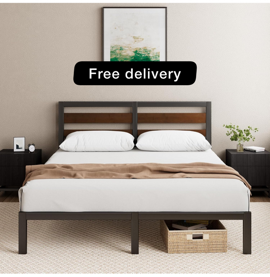 Double Bed Frame with Headboard (135 x 190 cm) – Bamboo and Metal Bed Frame with Steel Slat Support, Easy Assembly – Black & Brown