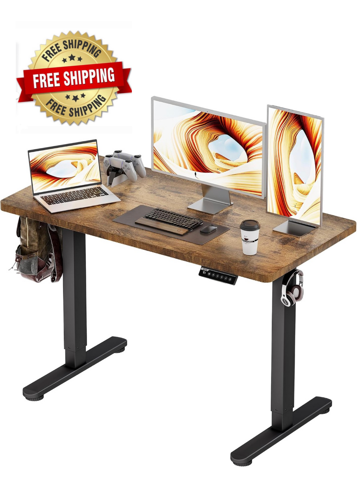Electric Standing Desk 120x60cm Gaming Desk 3 Memory with Splice Board, 70–115cm Lift, 2 Hooks, 80kg Load, Computer Workstation, Rustic Brown