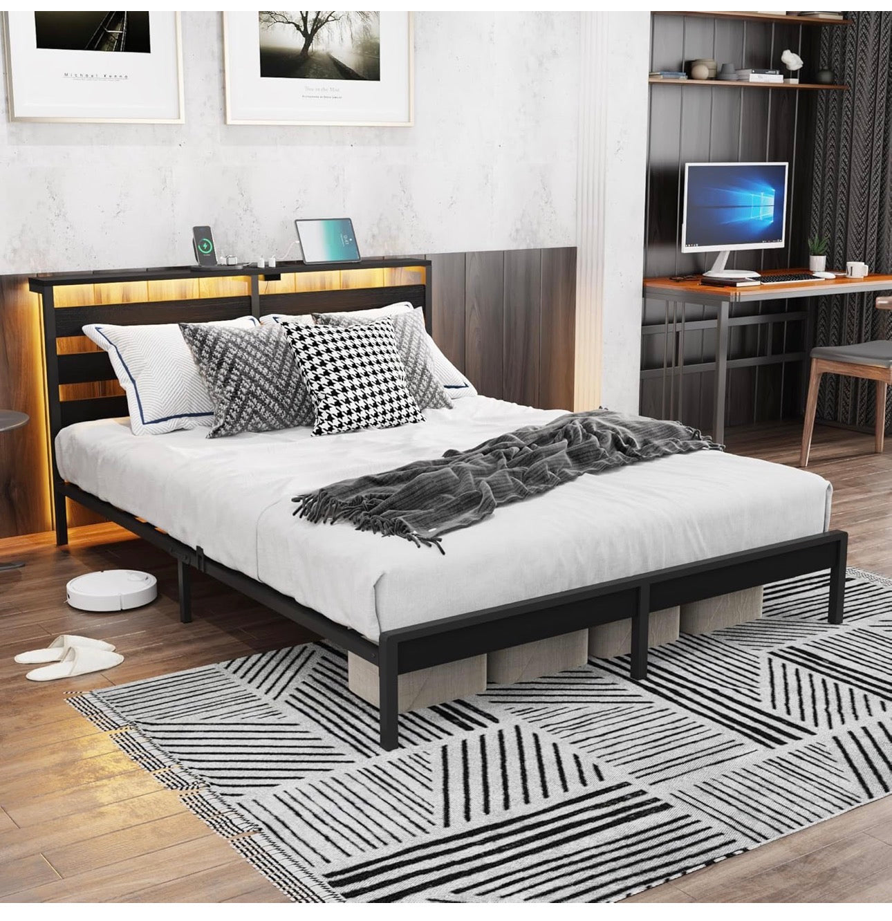 5ft King Bed Frame with Charging Station and LED Lights, Heavy Duty Metal Platform King 150x200 cm Bed Frame with Wood Storage Headboard, No Box Spring Needed, Noise Free, Black
