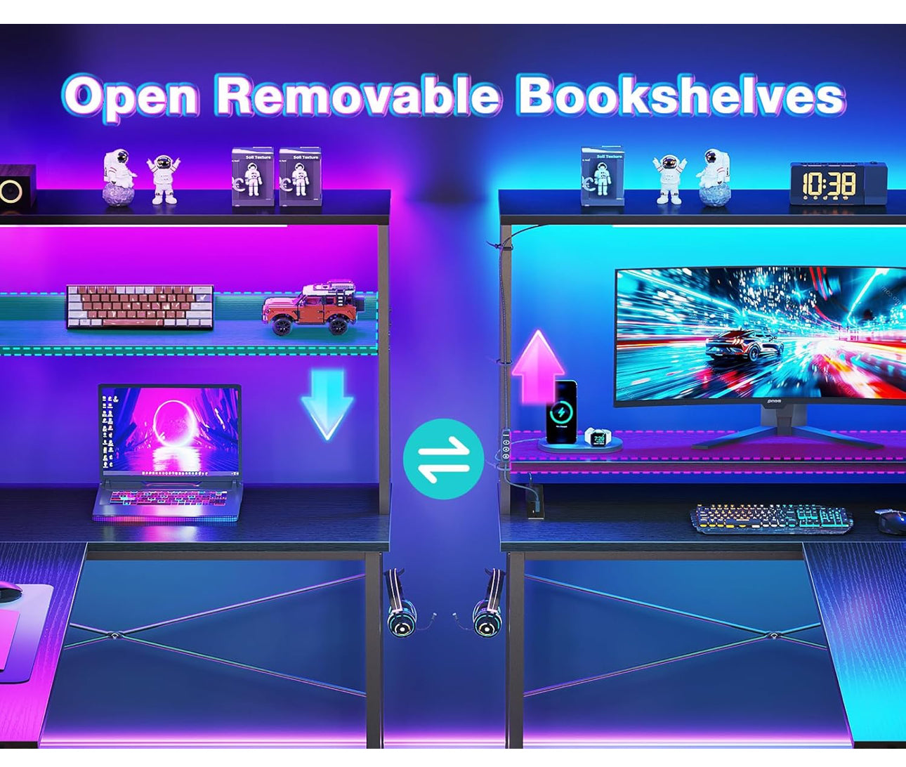 L Shaped Gaming Desk with LED Lights & Power Outlet, 135 × 100 cm