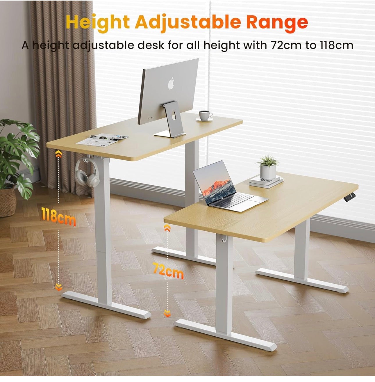 120 x 60 cm Standing Desk, Electric Height Adjustable Desk with 2 Hooks, Computer Desk with 4 Memory Heights and Splice Board, Ergonomic Sit Stand Table for Home Office, Oak