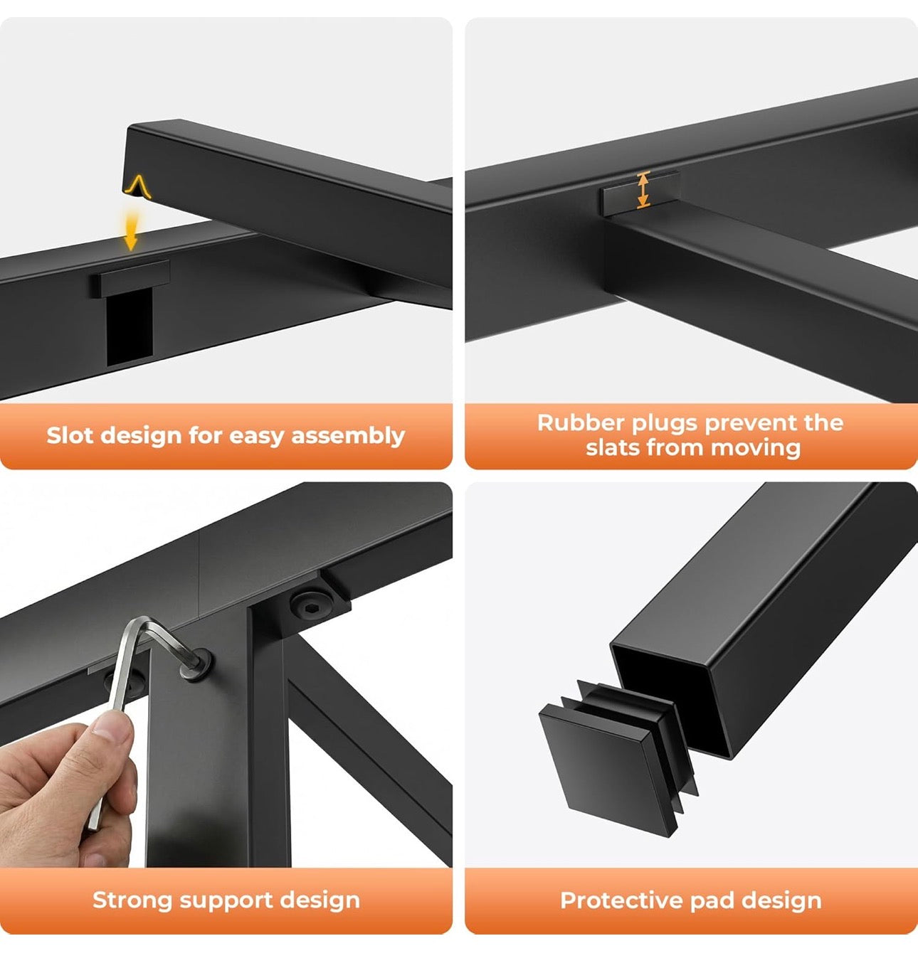 Double Bed Frame with Upholstered Headboard, 4ft6 Metal Beds with Heavy Duty Steel Slats Support Platform, Black Double Bed with Storage, Noise Free, Easy Assembly, No Box Spring Needed