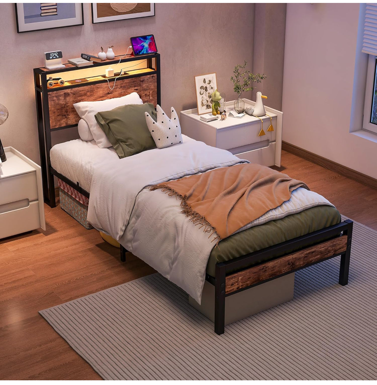 Single Bed Frame with Storage Shelf Headboard &amp; LED Lights,Metal Platform Bed Frame with Charging Station