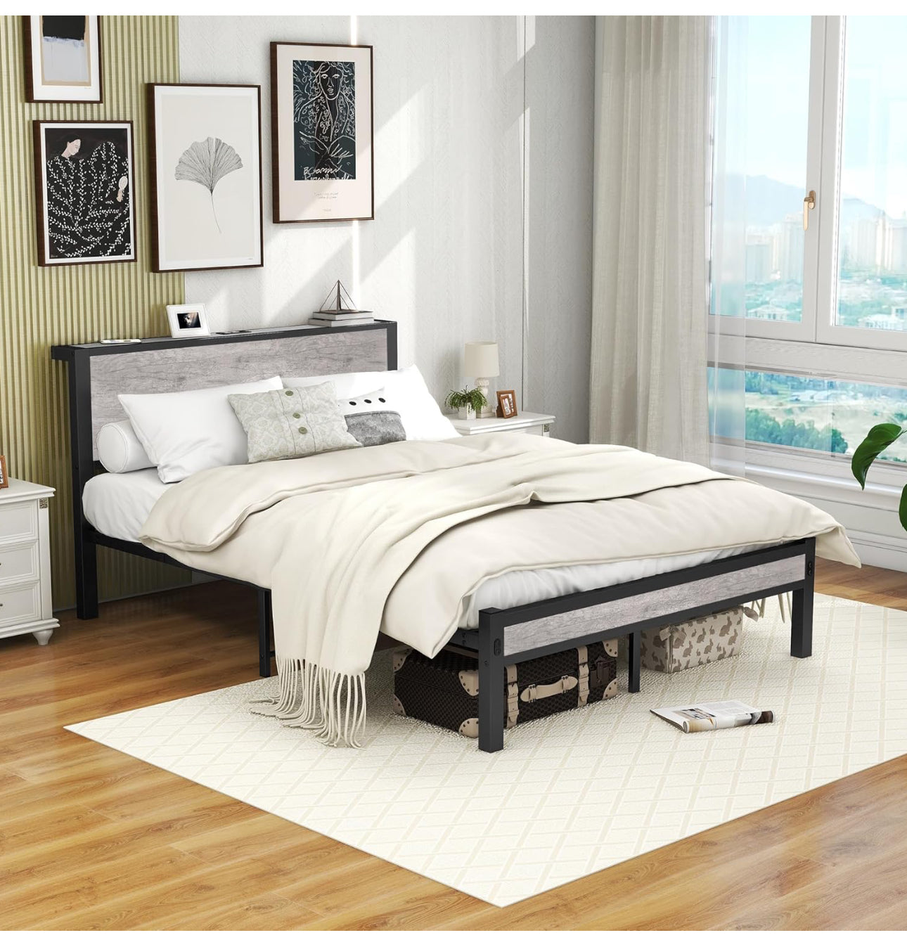 Double Bed Frames with Storage Wooden Headboard, Metal 4ft Bed.