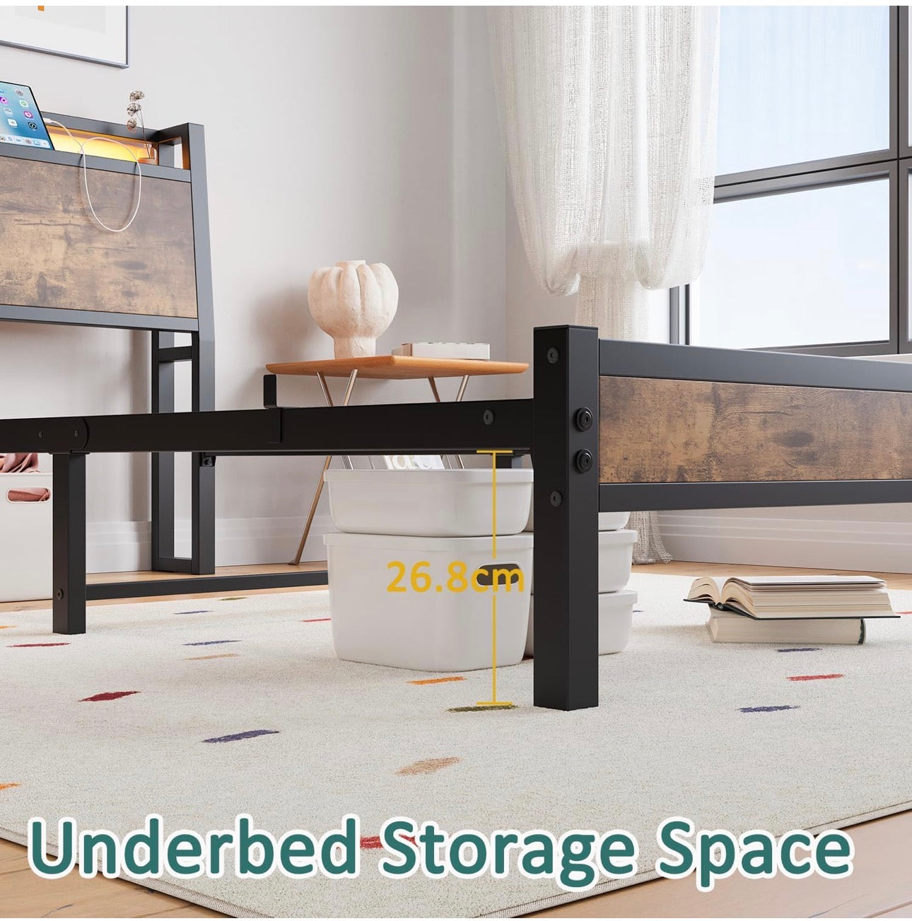 3ft Single Bed Frame with Charging Station and LED Lights, Wood Headboard with Storage Shelves, Heavy Duty Metal Slats, No Box Spring Needed, Noise Free, Easy Assembly,Black