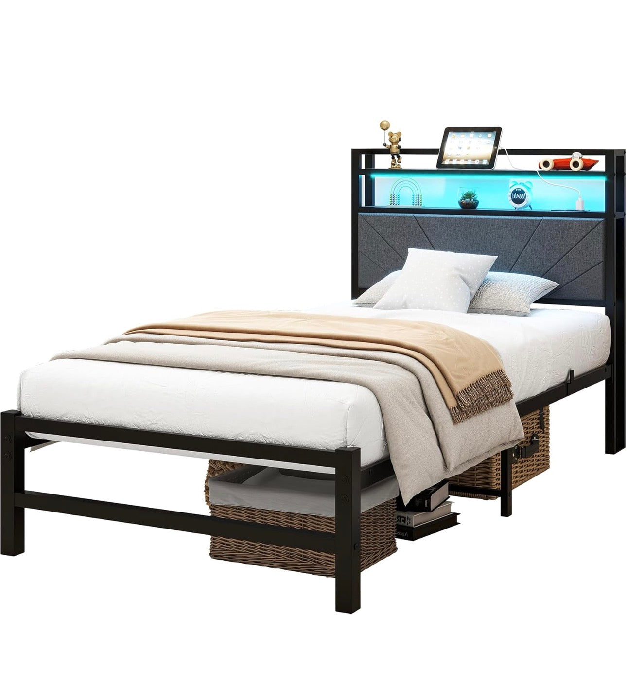 3ft Single Size Bed Frame with LED Lights Storage Upholstered Headboard and Charging Station