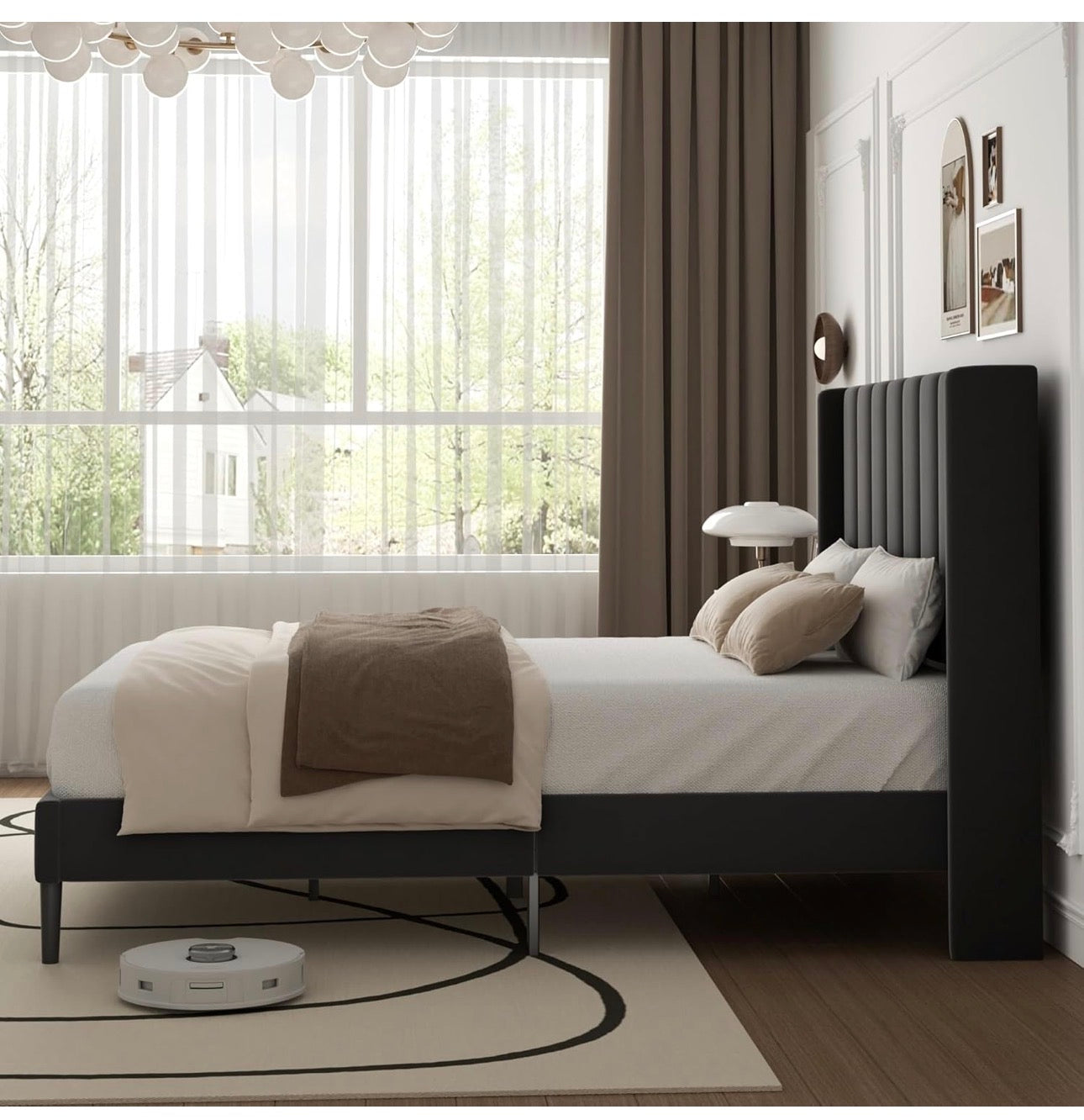 Double Bed Frame with Headboard, Vertical Channel Tufted