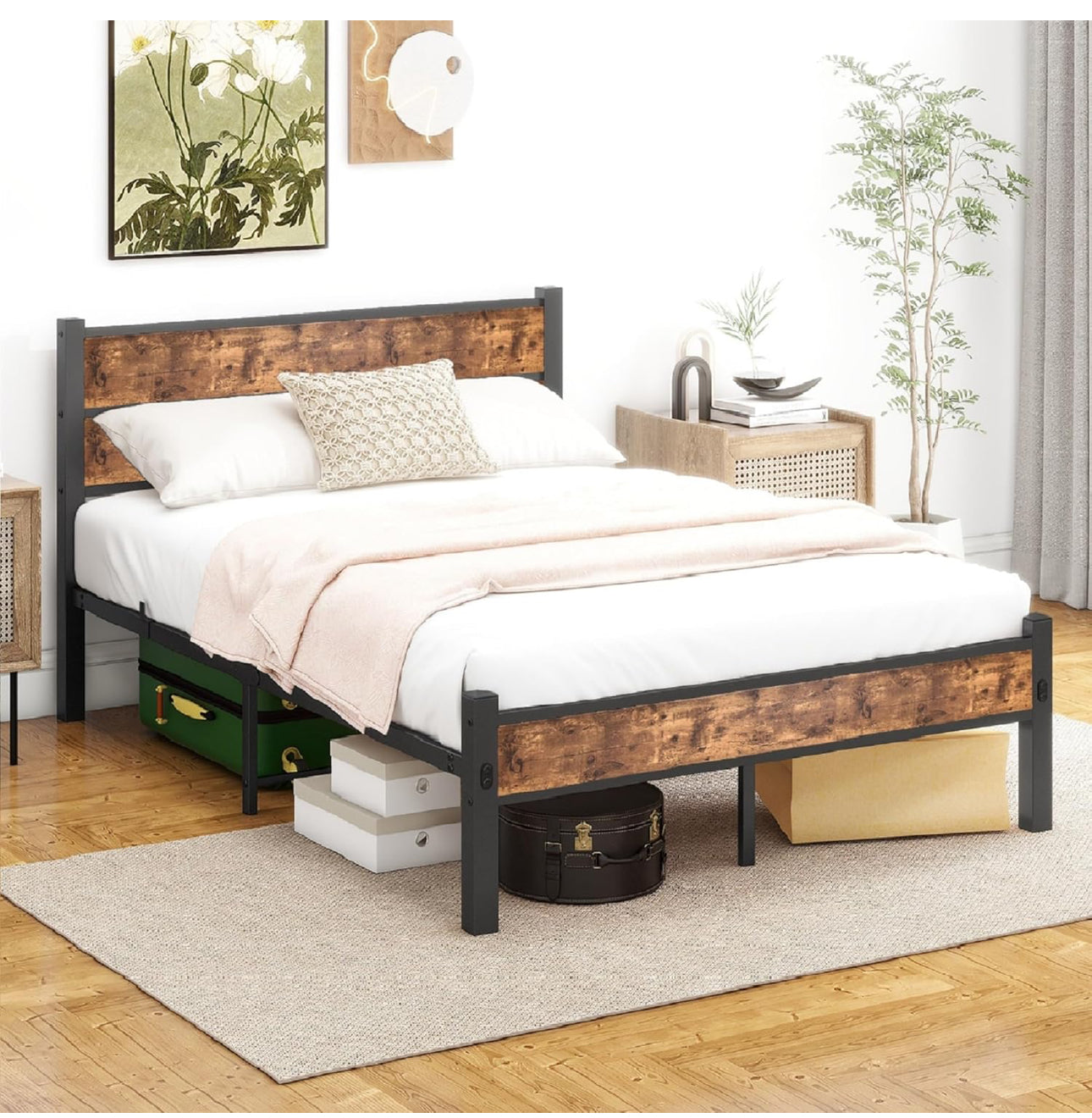 Double Bed Frame with Wooden Headboard and Footboard