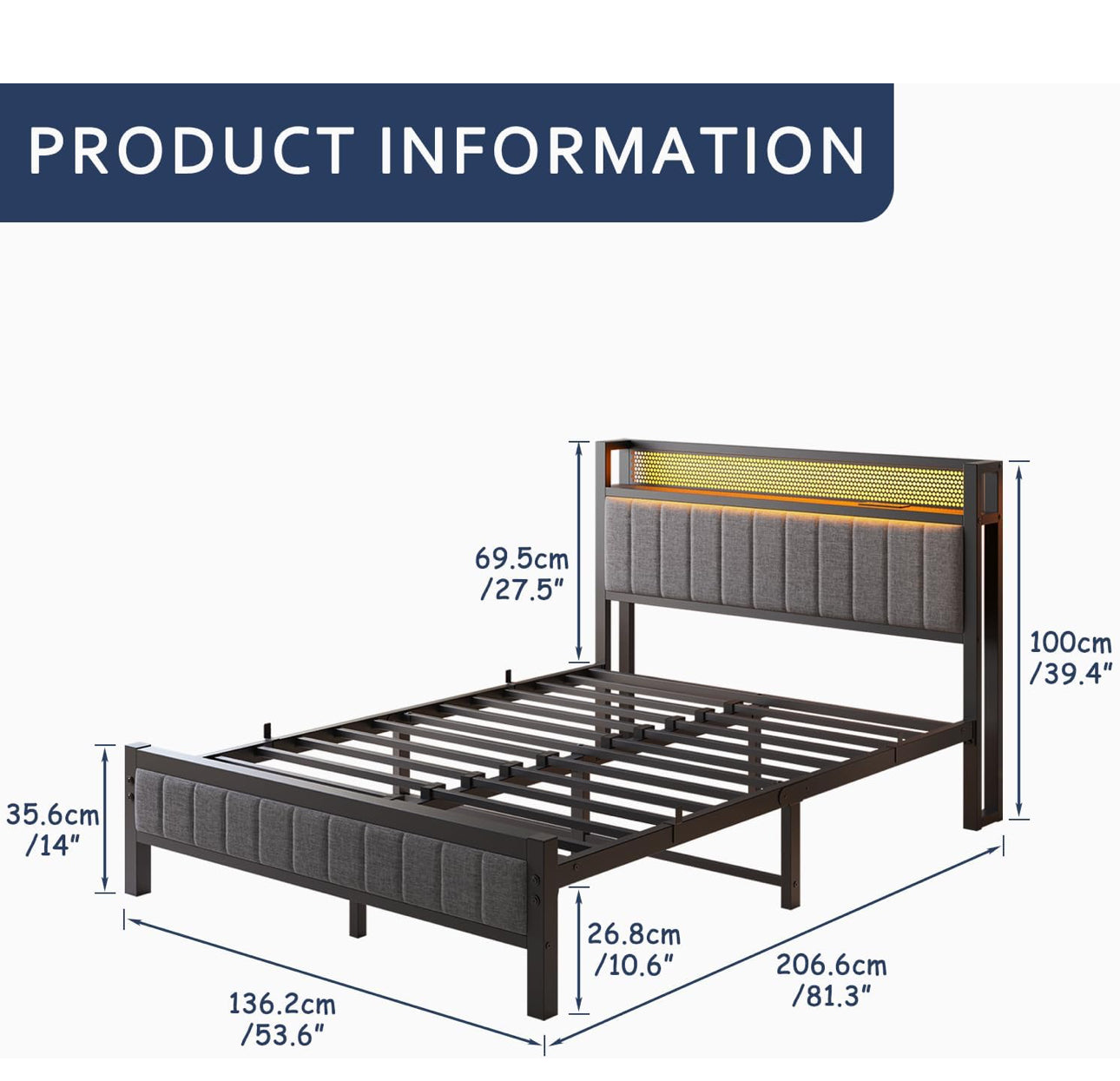 Upholstered Bed Frame Double Bed with Charging Station
