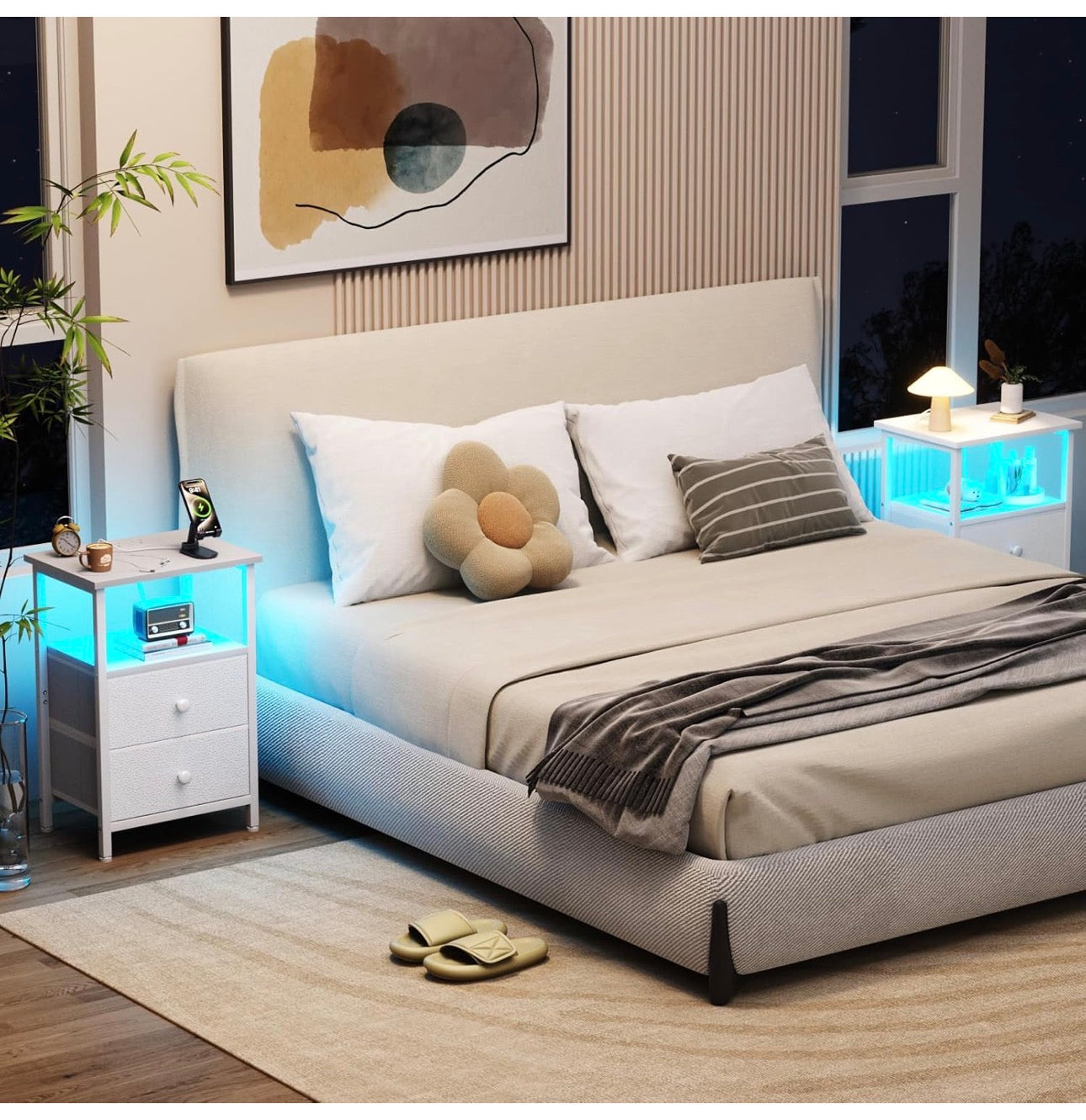 Bedside Table with Charging Station, Side Table with LED Light, Nightstand with 2 Fabric Drawers and Open Storage Shelf, Small Bedside Cabinet for Living Room, Bedroom, White