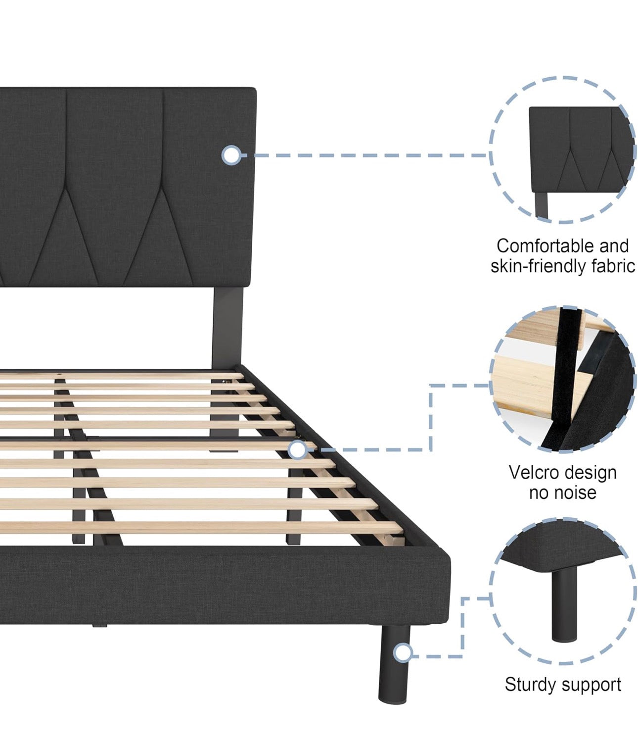 King Bed Frame, Black, Upholstered Wooden Slat Bed Frame with Headboard, Easy Assembly, Underbed Storage, No Box Spring Needed 150×200