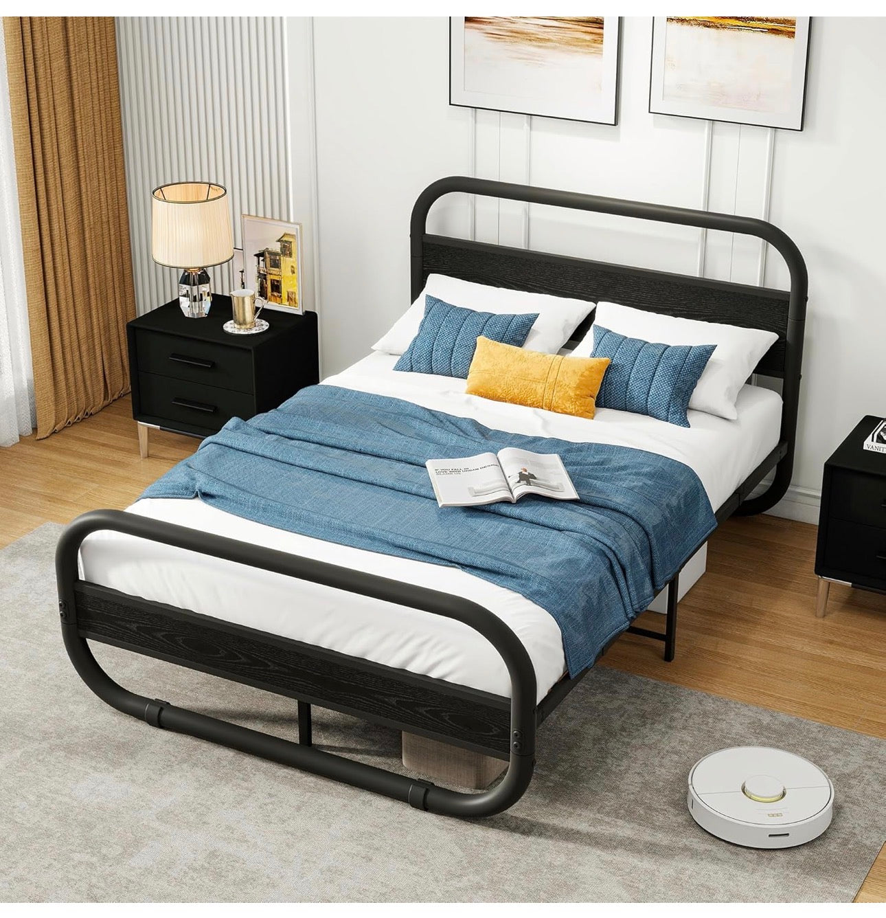 Double Size Bed Frame with Headboard,135x190 cm,Black | Oval-Shaped Platform Bed with Under-Bed Storage,Steel Slats Mattress Foundation Round Pipe Design,Enhanced Support Noise Free