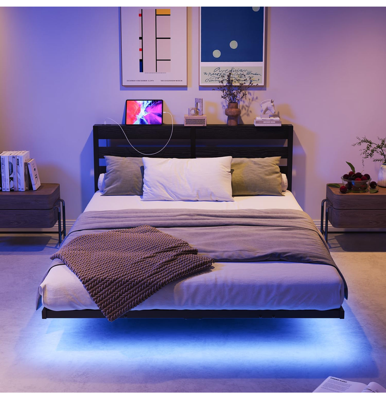 4ft6 Double Floating Bed Frame with LED Lights & USB Charging Station