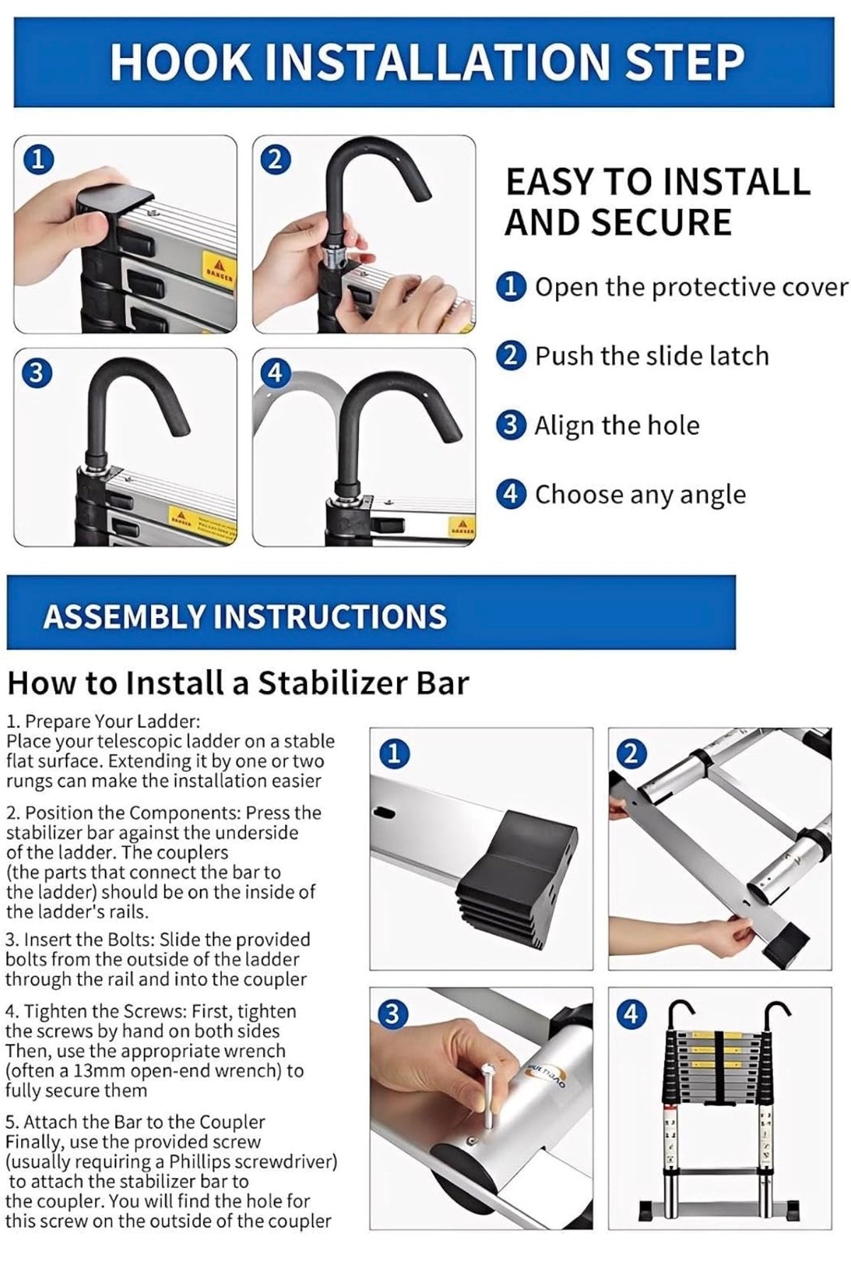 Telescopic Ladder 4.1M 13.5FT Aluminium Extension Loft Ladder with Stabilizer Bar and Detachable Hooks, Multi Purpose Extendable Portable Folding Ladders, EN131 (4.1M/13.5FT)