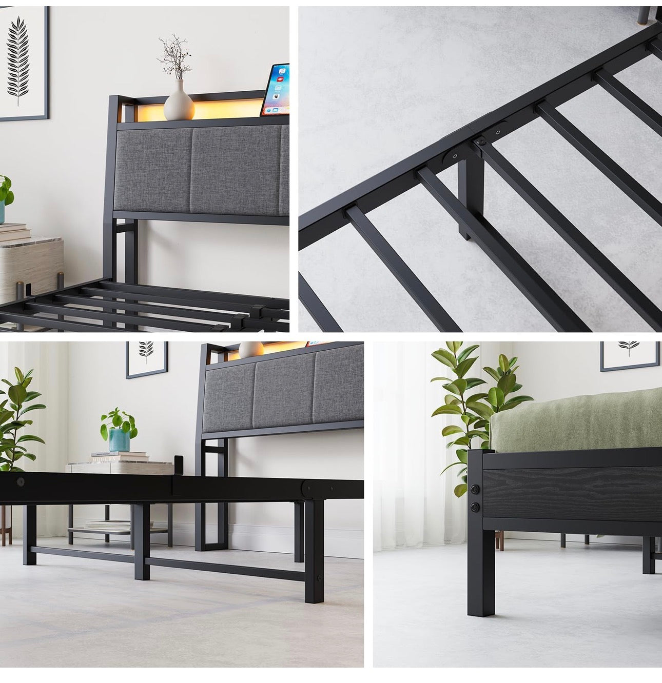 Bed Frame, 4FT6 Bed Frame Ergonomics Double with Charging Station and LED Lights, Heavy Duty Platform Full Bed with Fabric Storage Sloped Headboard, No Box Spring Needed, (Black)