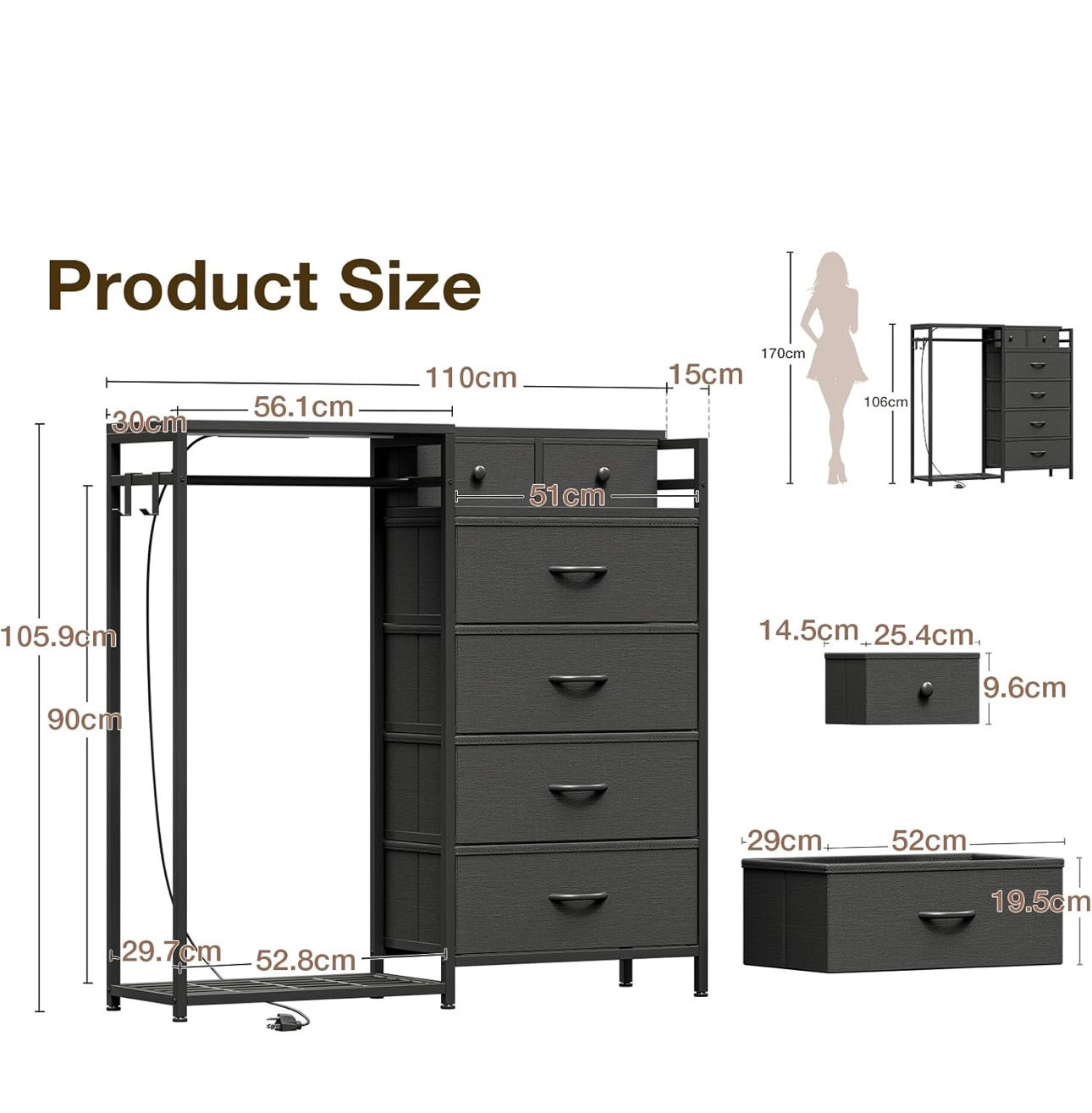 Chest of Drawers Bedroom with Hanging Rail, Built-in LED Lighting and Power Socket