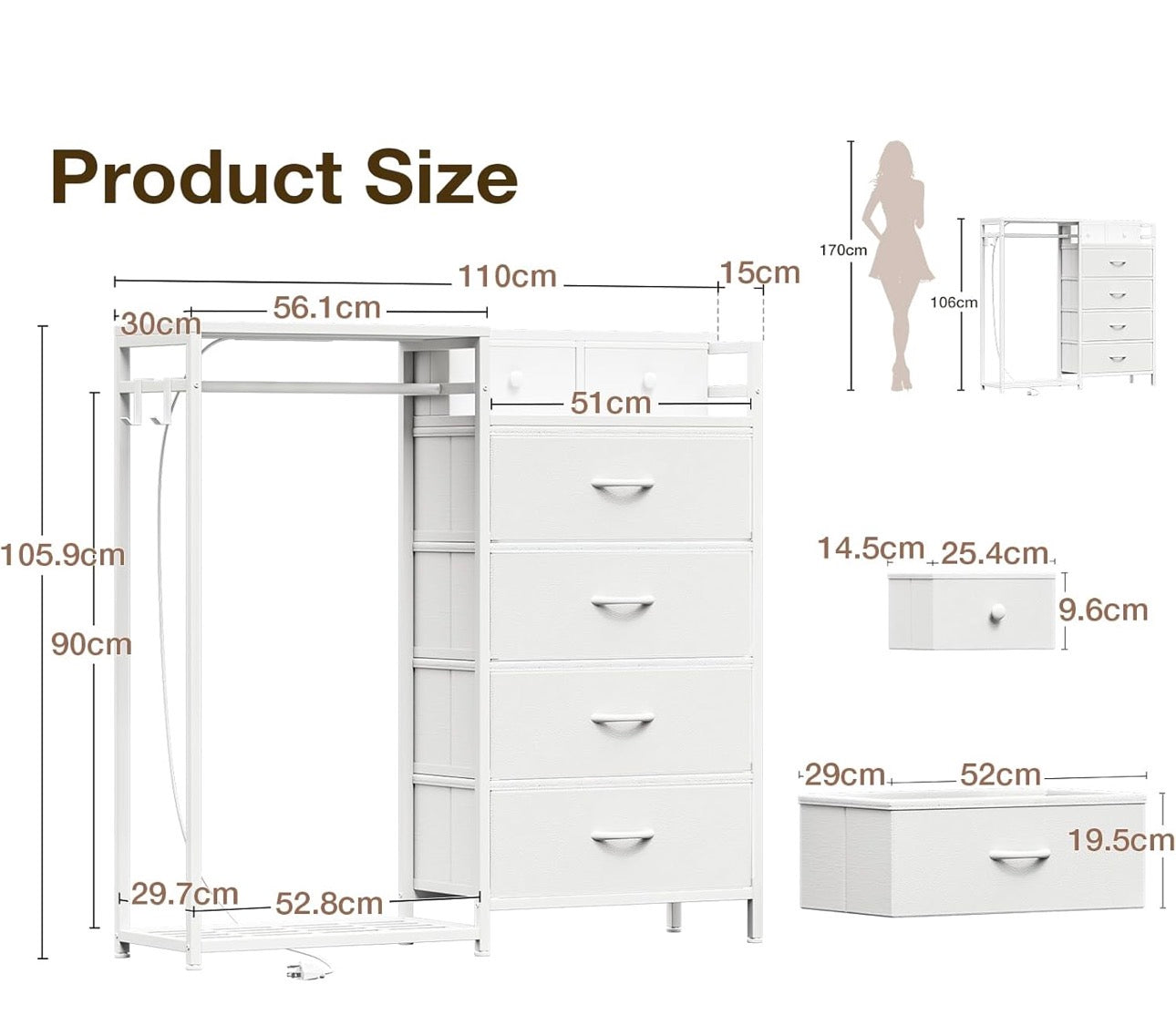 Chest of Drawers Bedroom with Hanging Rail, Built-