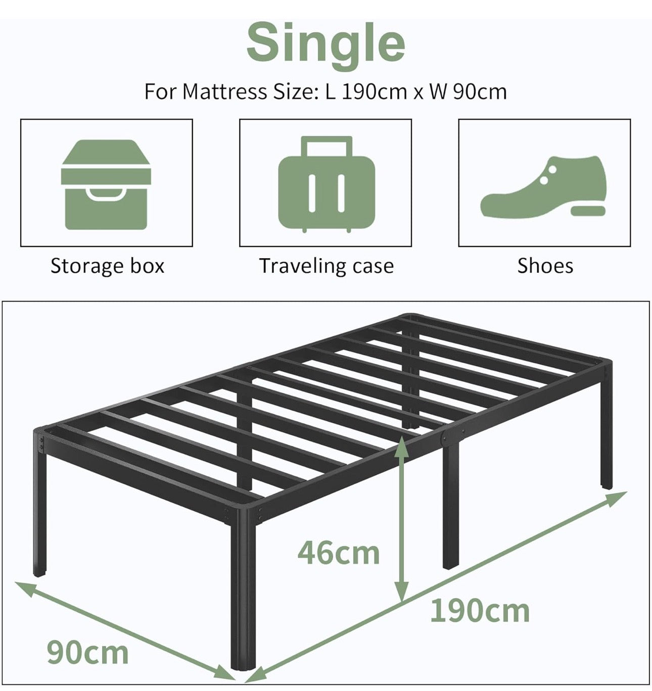 Teen 3ft High Single Bed Frames with Rounded Corner Legs, Heavy Duty White Metal Bed Frame Single with Steel Slats Support, Single Bed 46 cm High, Noise Free, Easy Assembly
