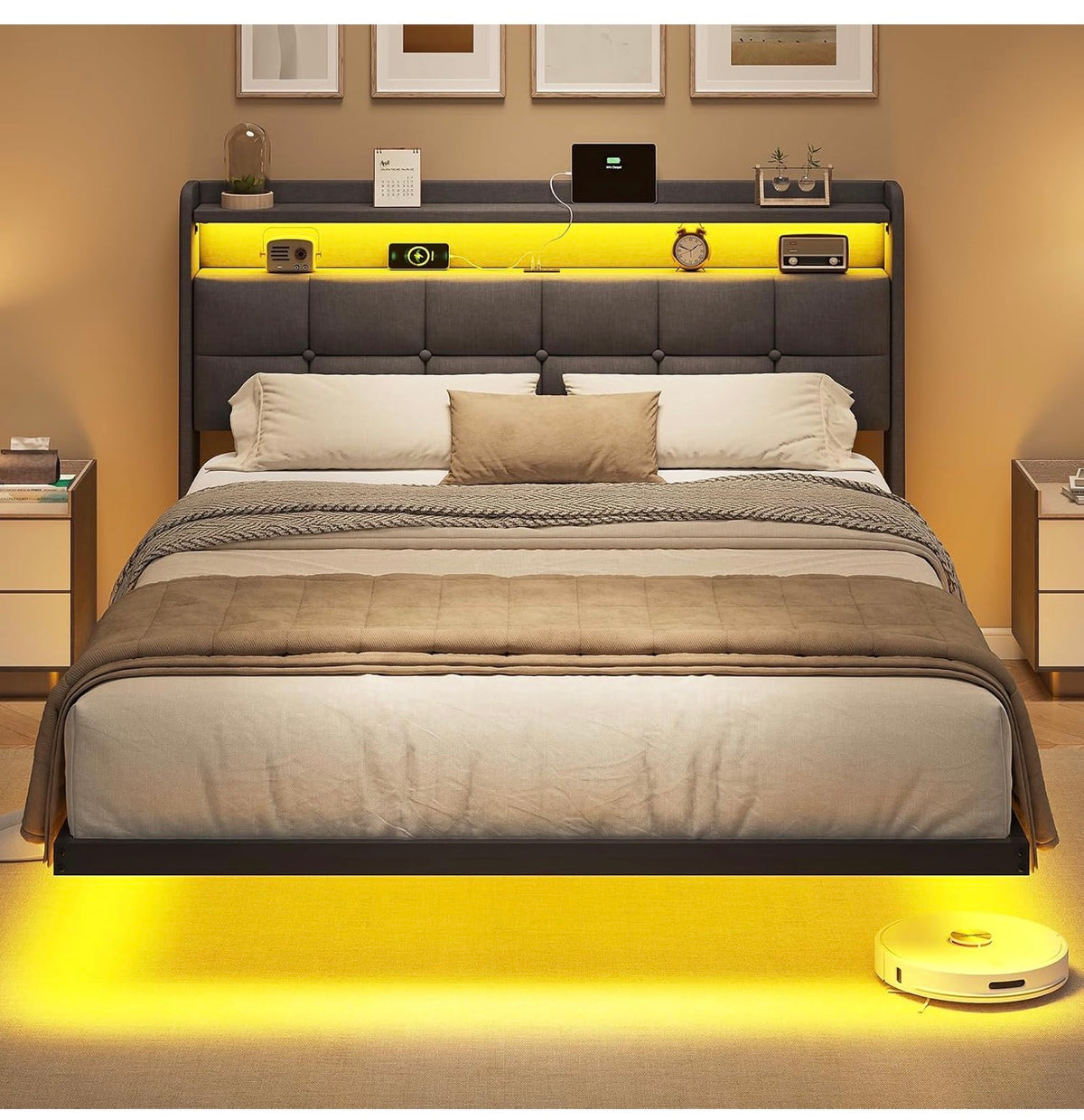 4ft6 Floating Double Bed Frame 135×190CM with LED Lights & Charging Station, Metal Platform Bed frame with Upholstered Headboard, Easy Assembly,Noise Free,No Box Spring Needed,Dark Gray Linen