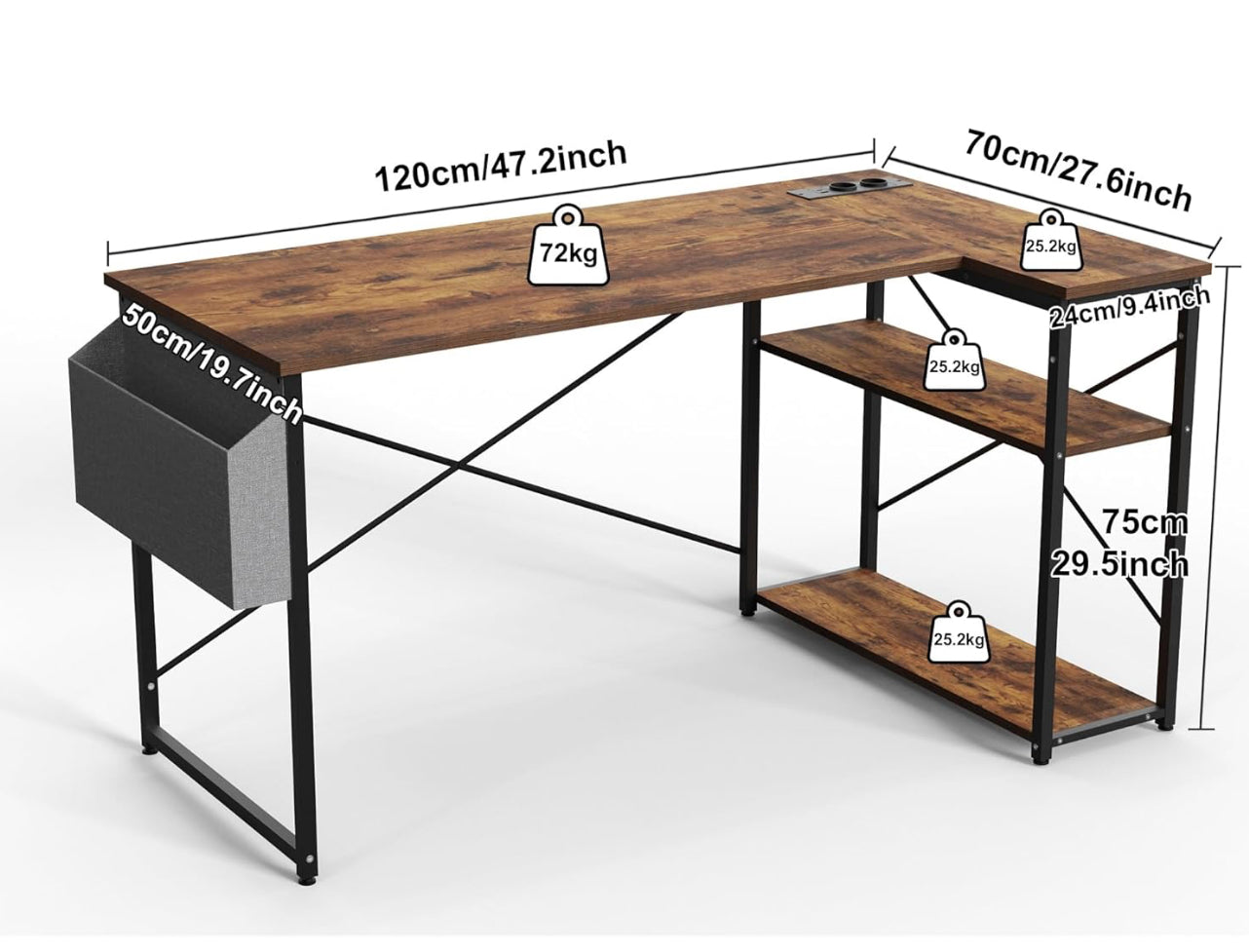 L Shaped Desk with Power Outlets - 120x70 cm