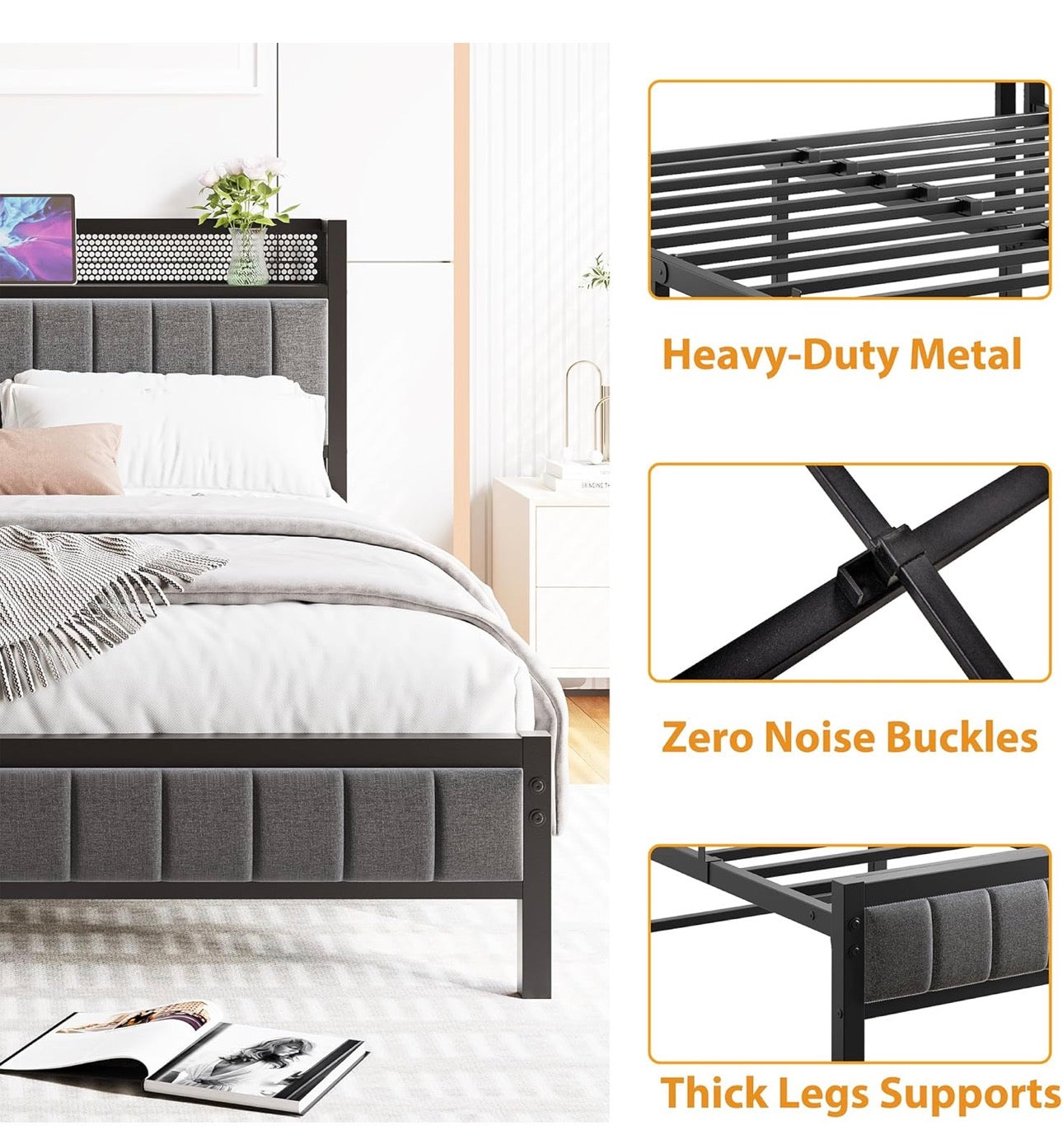 King Size Bed Frame with Storage Upholstered Headboard Shelf,5ft