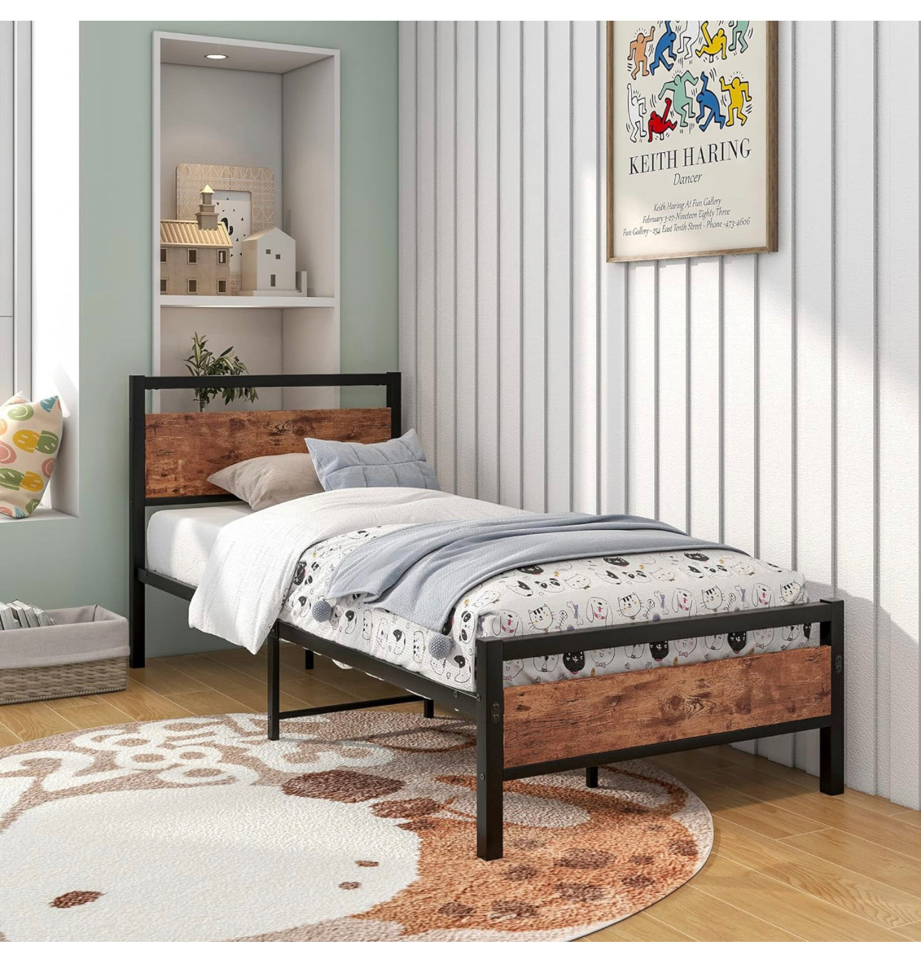 Black Metal Bed Frame Single with Wood Headboard,