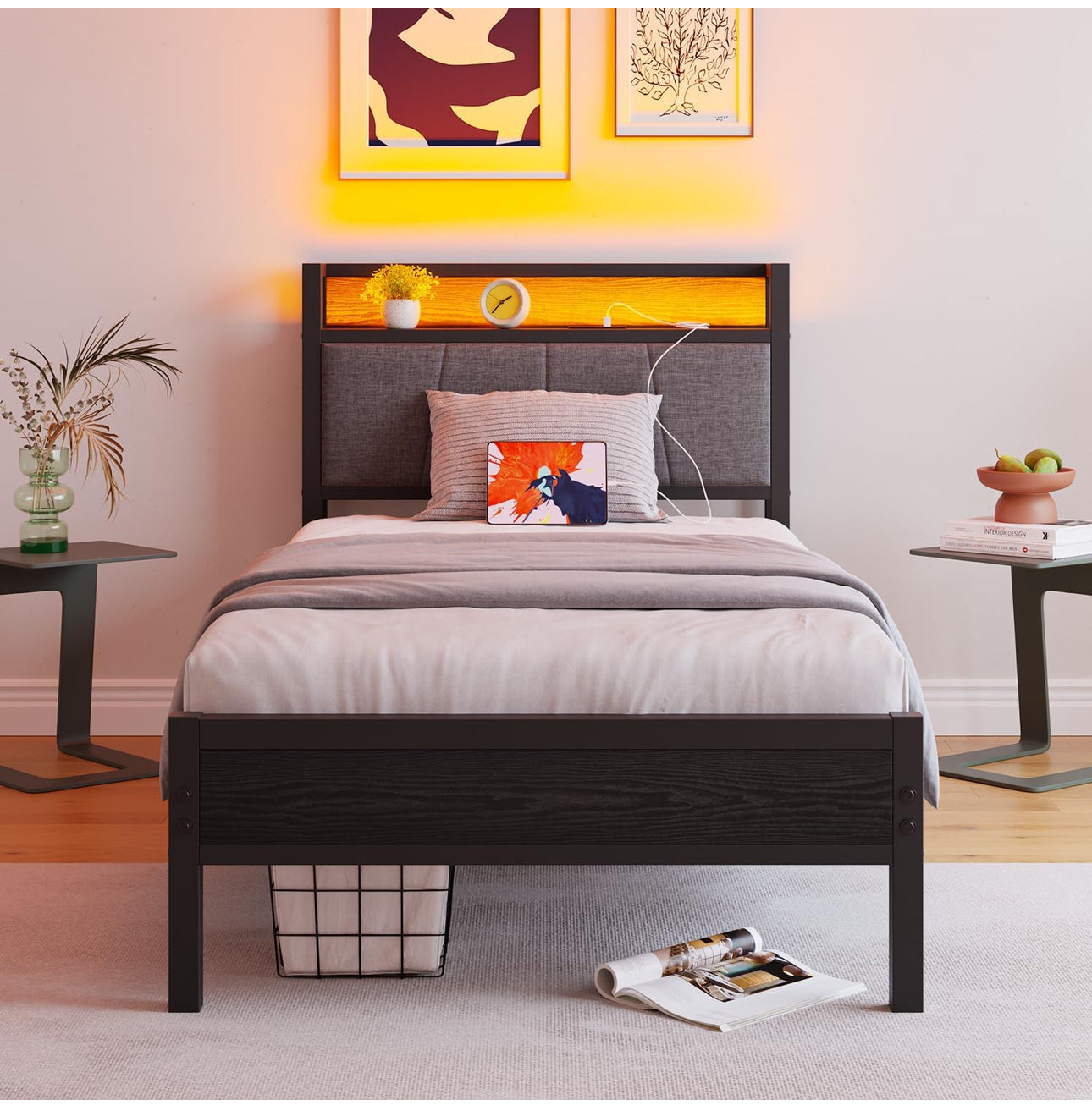 3ft Single Bed Frame with Storage Headboard,LED Lights,Metal Upholstered Platform Bed Frame with Charging Station