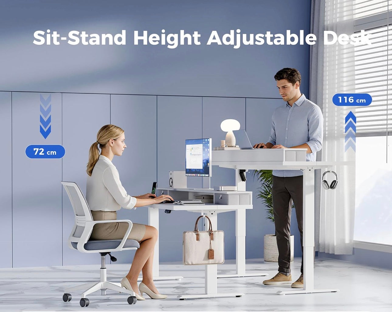 Electric Adjustable Height Desk with 2 Drawers, 120 x 60 cm