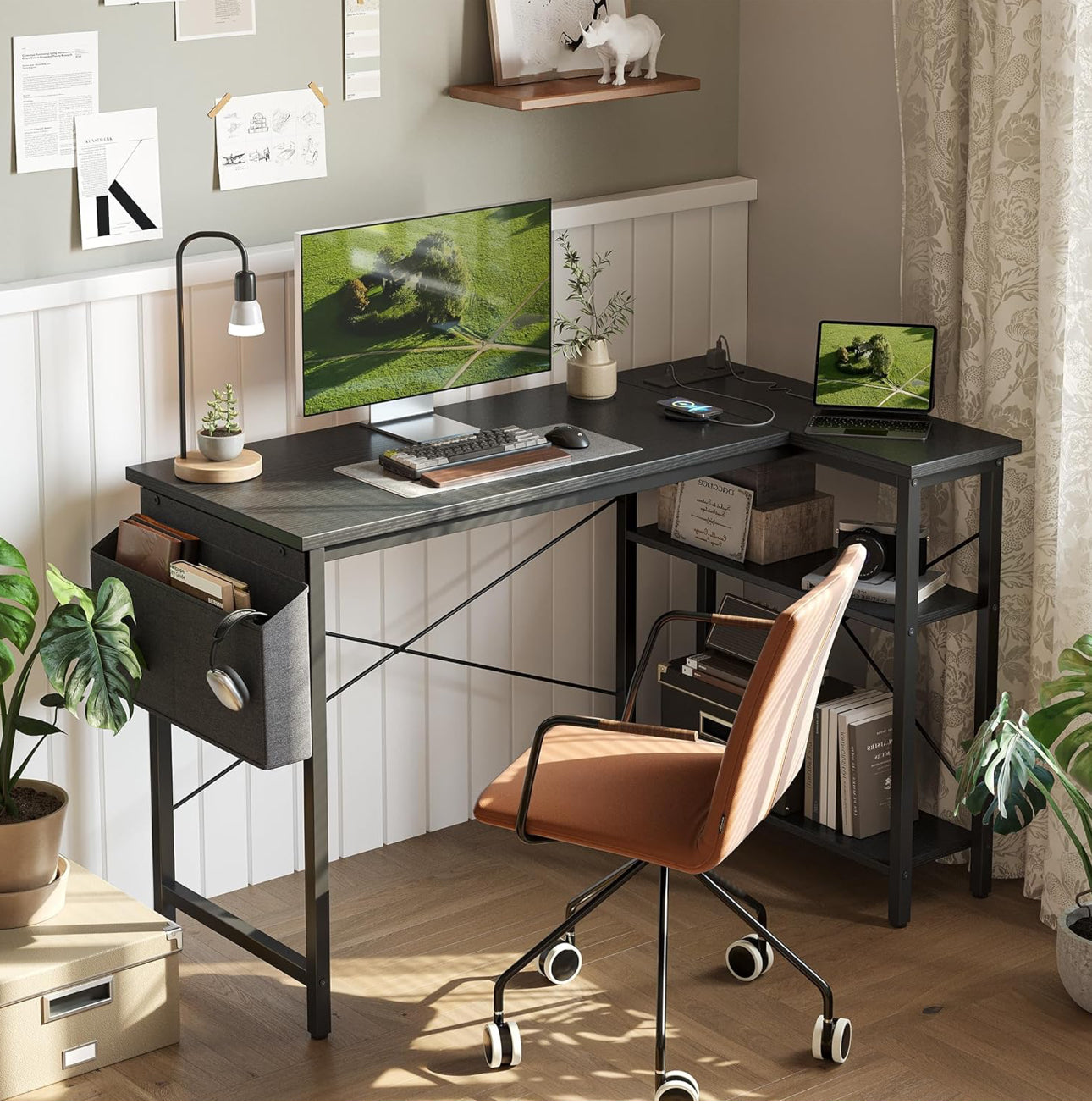 L Shaped Desk with Power Outlets 100x70 cm