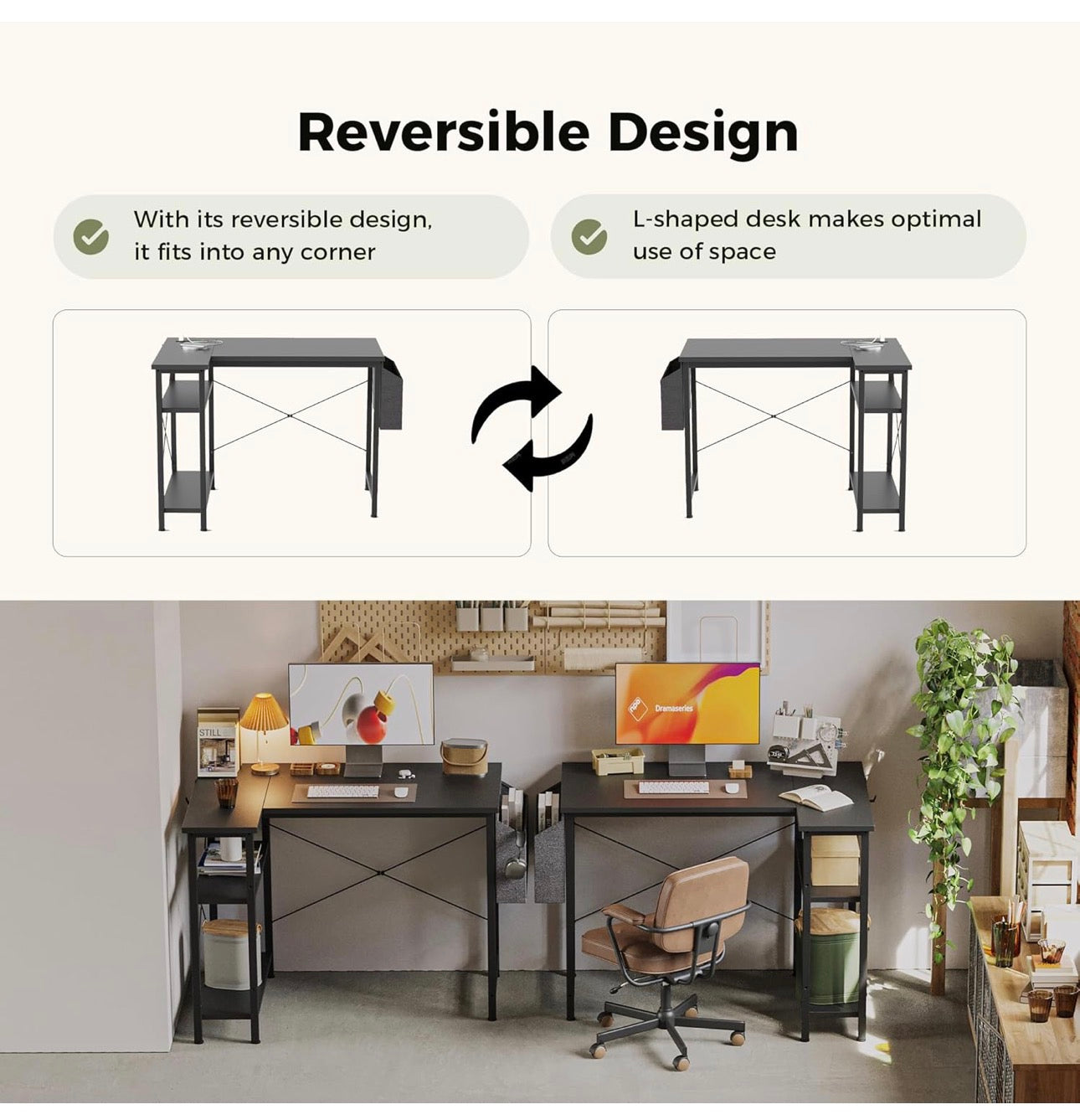 L Shaped Desk with Power Outlets,100 cm L Computer Corner Desks with Reversible Shelves