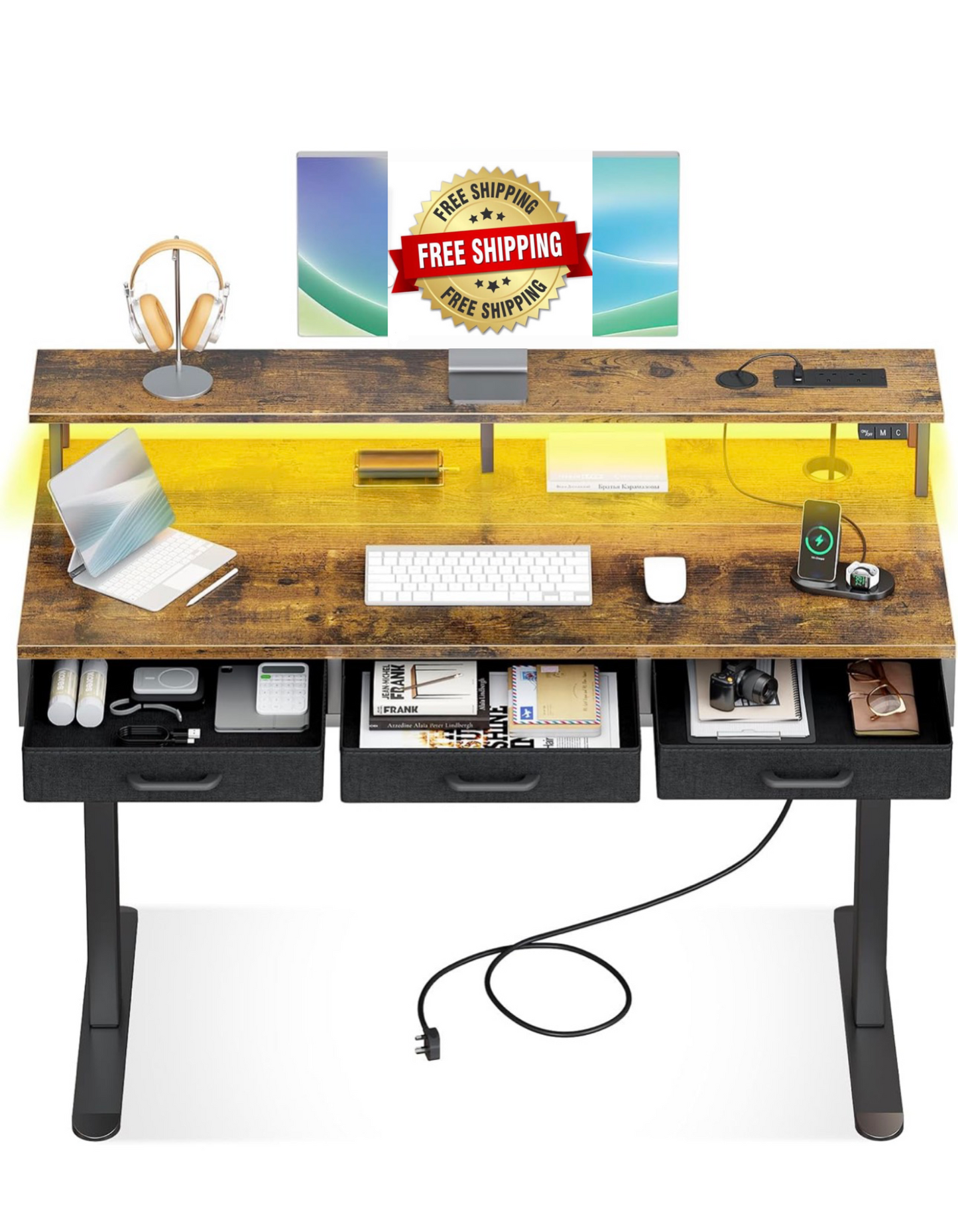 Standing Desk with 3 Storage Drawers, 120cm Height Adjustable Desk
Electric Sit Stand Table with Monitor Stand, LED Lights, Power Outlet, Space Saving for Small Home Office Living Room, Brown