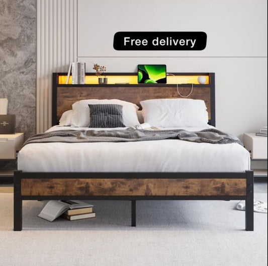King Size Bed Frame with Charging Station and LED Lights