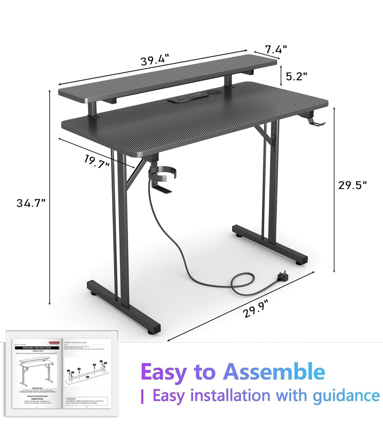 Gaming Desk with LED & Power Outlets, 100 x 50 cm