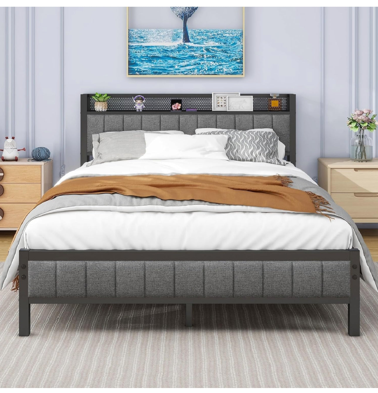 Double Bed Frame with Wooden Storage Headboard Shelf