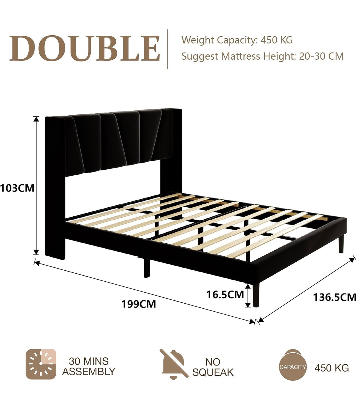 Double Bed Frame with Headboard, Velvet Geometric Tufted Upholstered Platform Bed Frames, Contemporary Mattress Foundation, No Box Spring Needed, Noise Free, Easy Assembly, Black