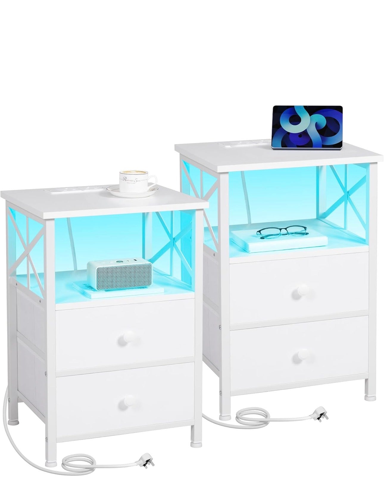 Bedside Table Set of 2, Side Table with Charging Station and Led Lights, Bedside Cabinet with 2 Fabric Storage Drawers, Sofa Side Table, Nightstand for Living Room, Bedroom, White