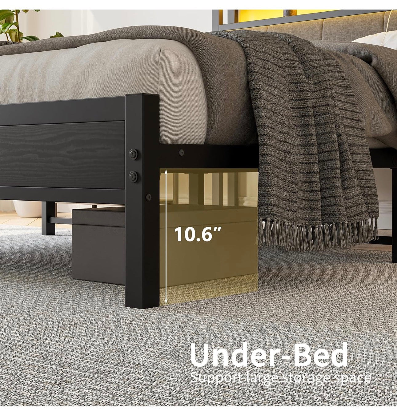 5FT King Size Bed Frame with LED Lights and Charging Station, Heavy Duty Metal Platform Upholstered King Bed frame with Storage Fabric Headboard,Metal Slats Support,Mattress Foundation (Black)