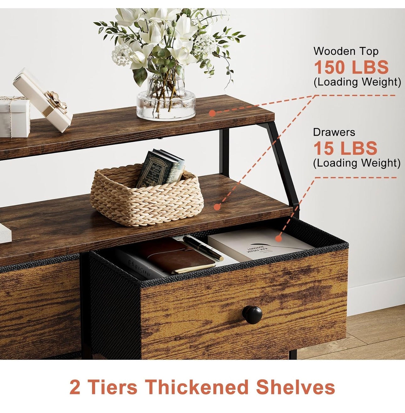 Chest of Drawers with 8 Drawers, Rustic Brown Dresser for Bedroom with Shelf and 2Pcs Wooden Top, Large Storage Organizer Unit for Closet, Living Room, Entryway