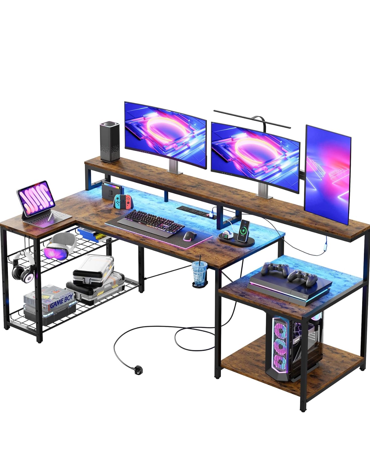 181CM L Shaped Corner Desk with Power Outlets LED Lights Gaming Desk