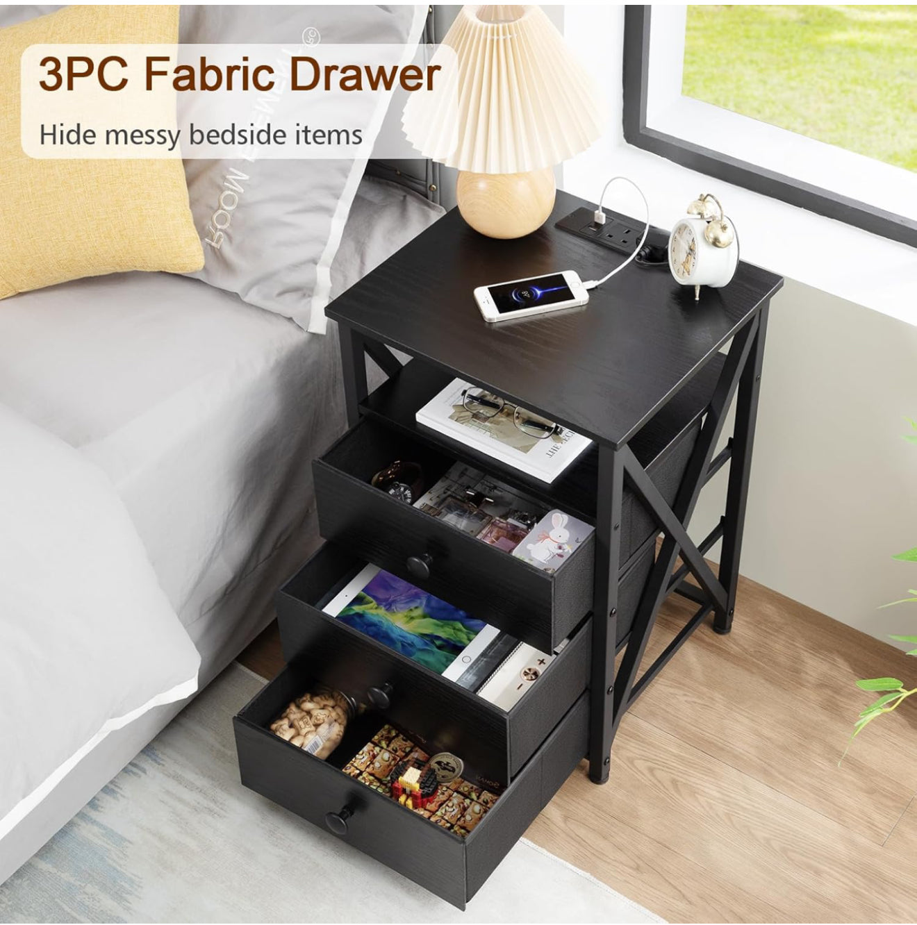 Bedside Table Set of 2 with Charging Station Black