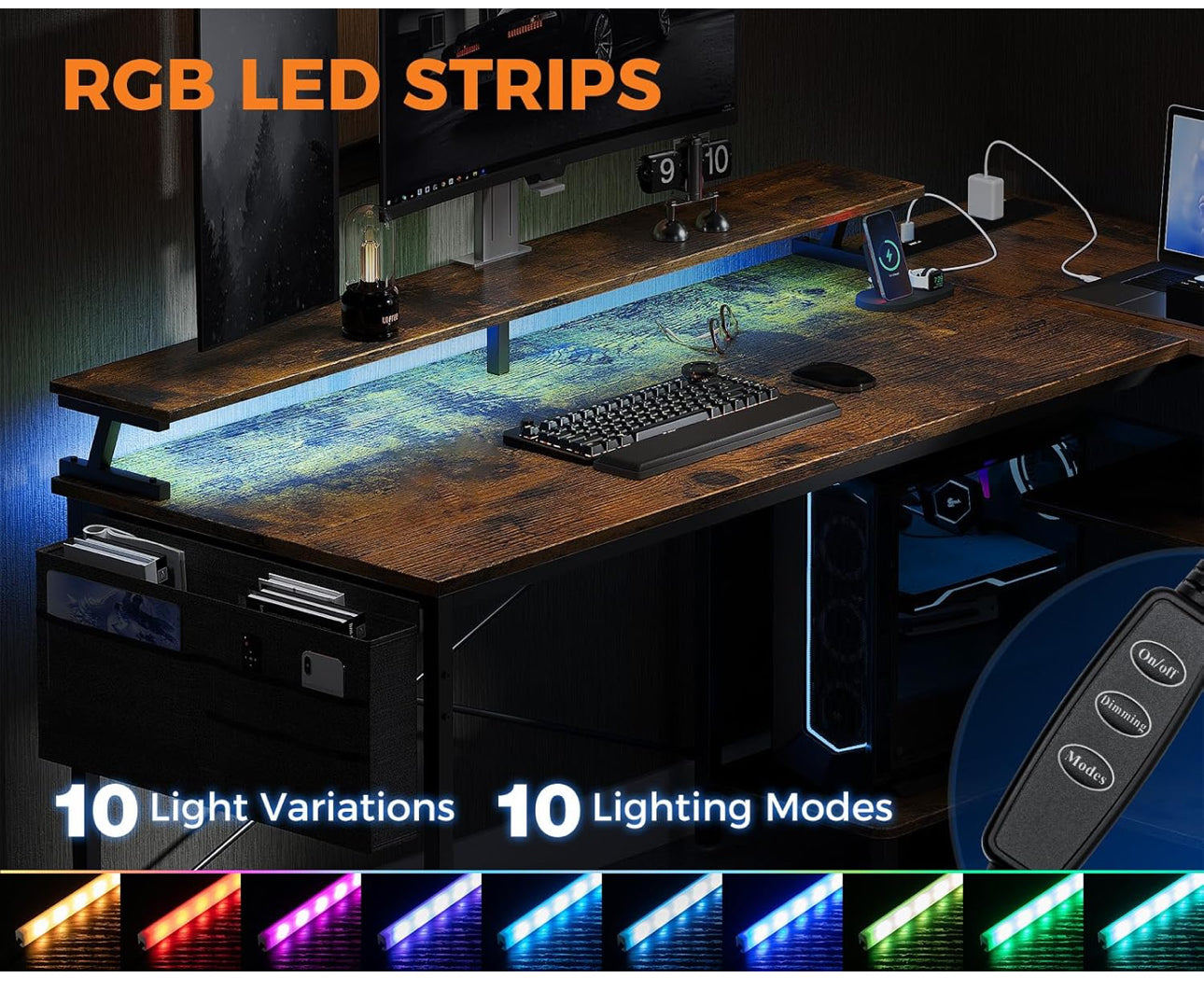 L Shaped Gaming Desk with LED Lights, 120 × 80 cm