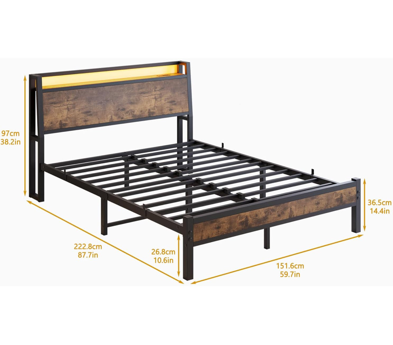 King Size Bed Frame with Charging Station and LED Lights
