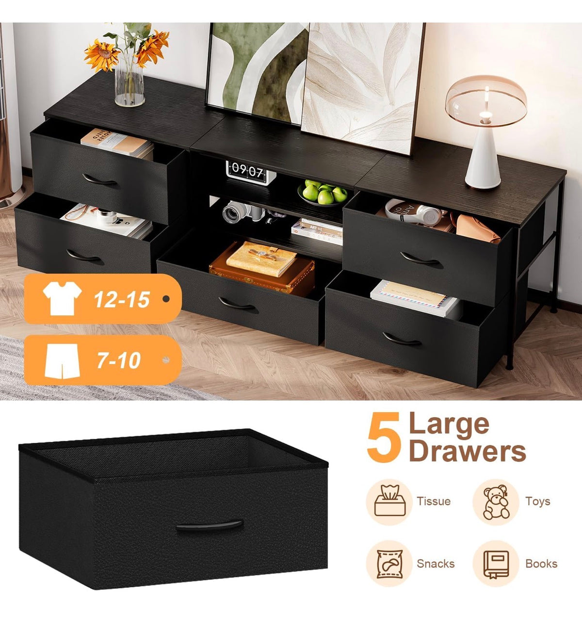 TV Stand Cabinet, TV Unit with 5 Drawers, 140 cm, All Black
TV Console Table with Storage Organizers, Entertainment Center with Open Shelf for Living Room, Bedroom