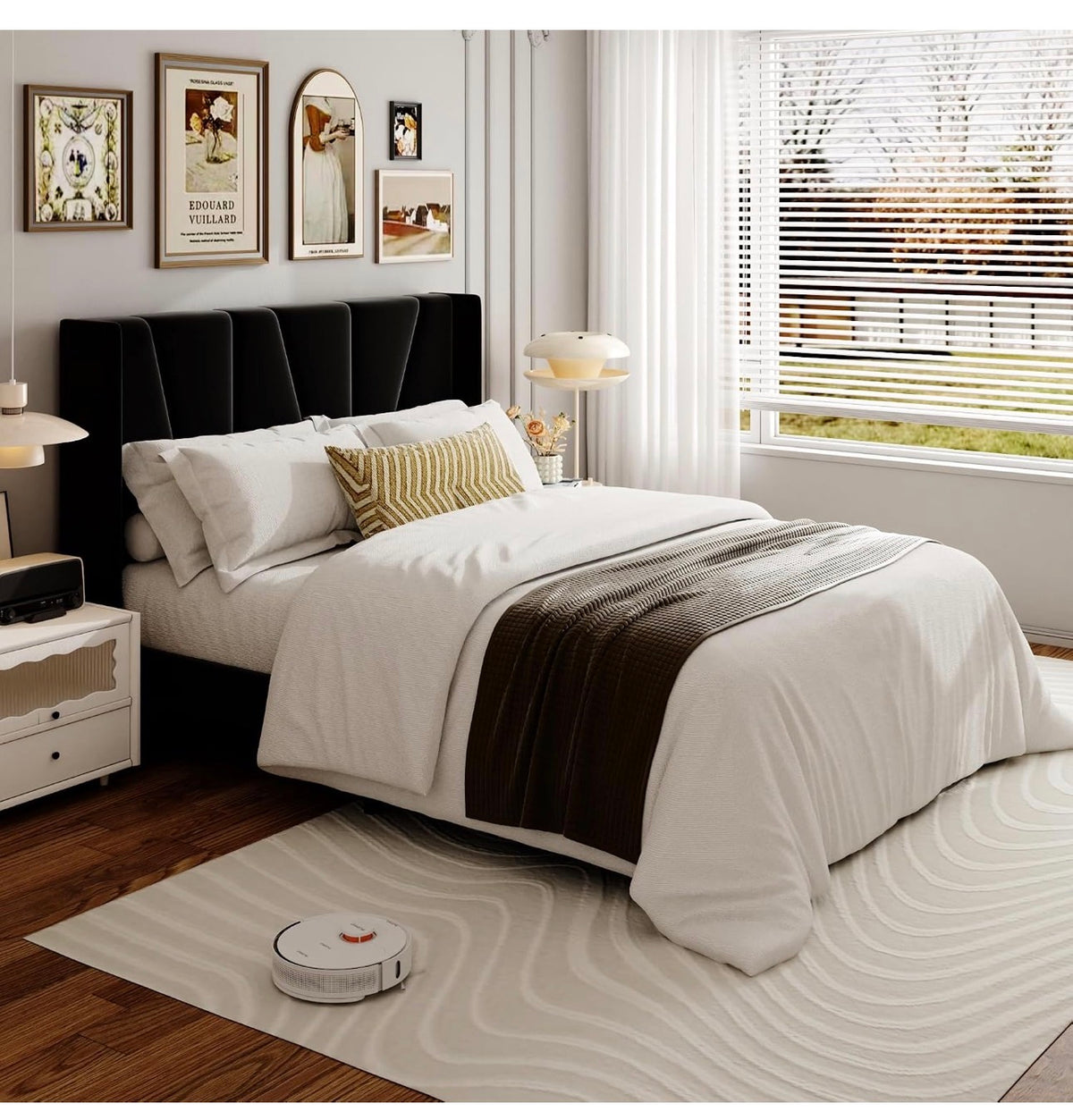 Double Bed Frame with Headboard, Velvet Geometric Tufted Upholstered Platform Bed Frames, Contemporary Mattress Foundation, No Box Spring Needed, Noise Free, Easy Assembly, Black