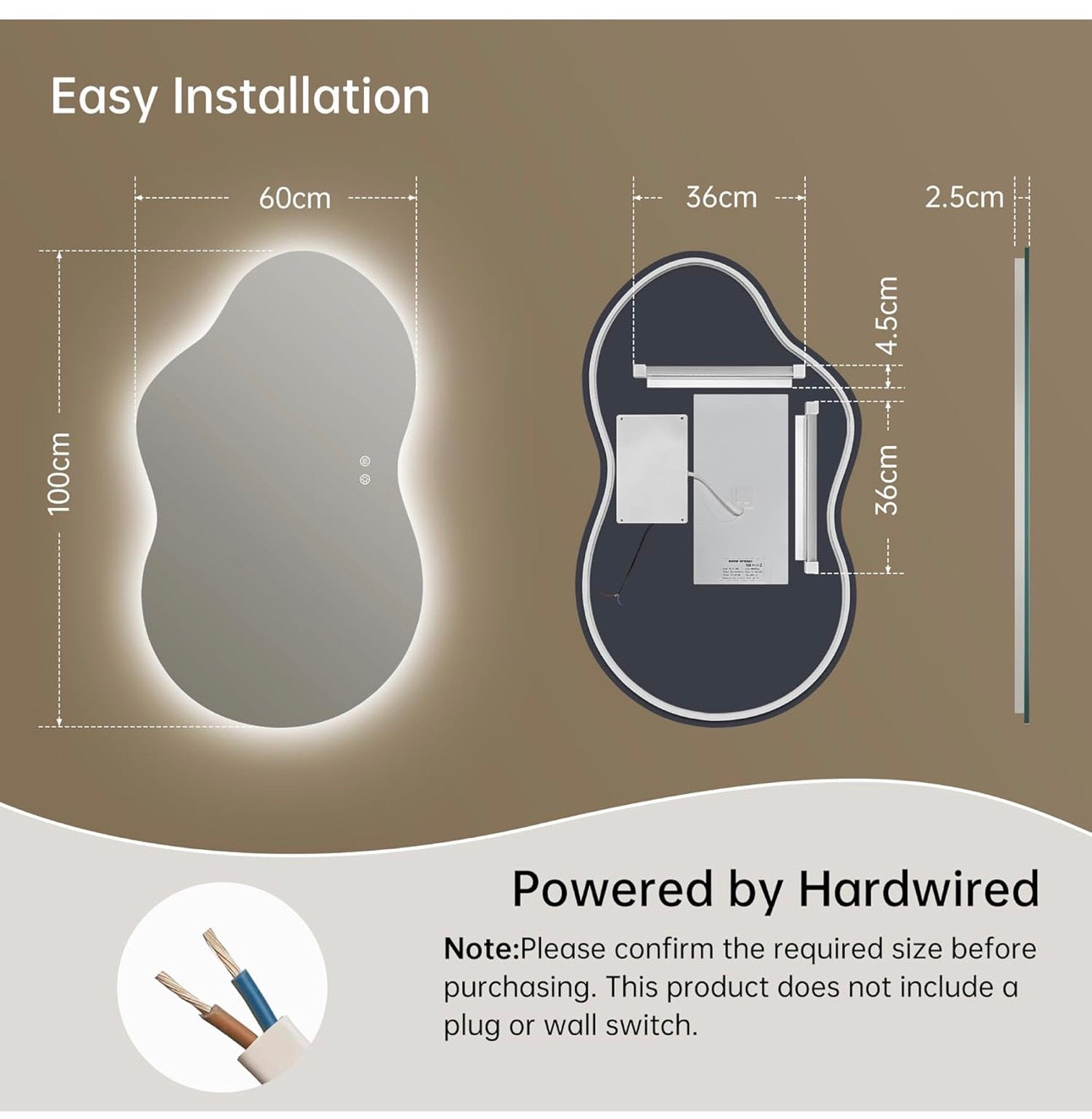 Bathroom Mirror with LED Lights,100X60cm Irregular LED Bathroom Mirror, Anti-Fog, 3 Colour, Dimmable, Vertical/Horizontal