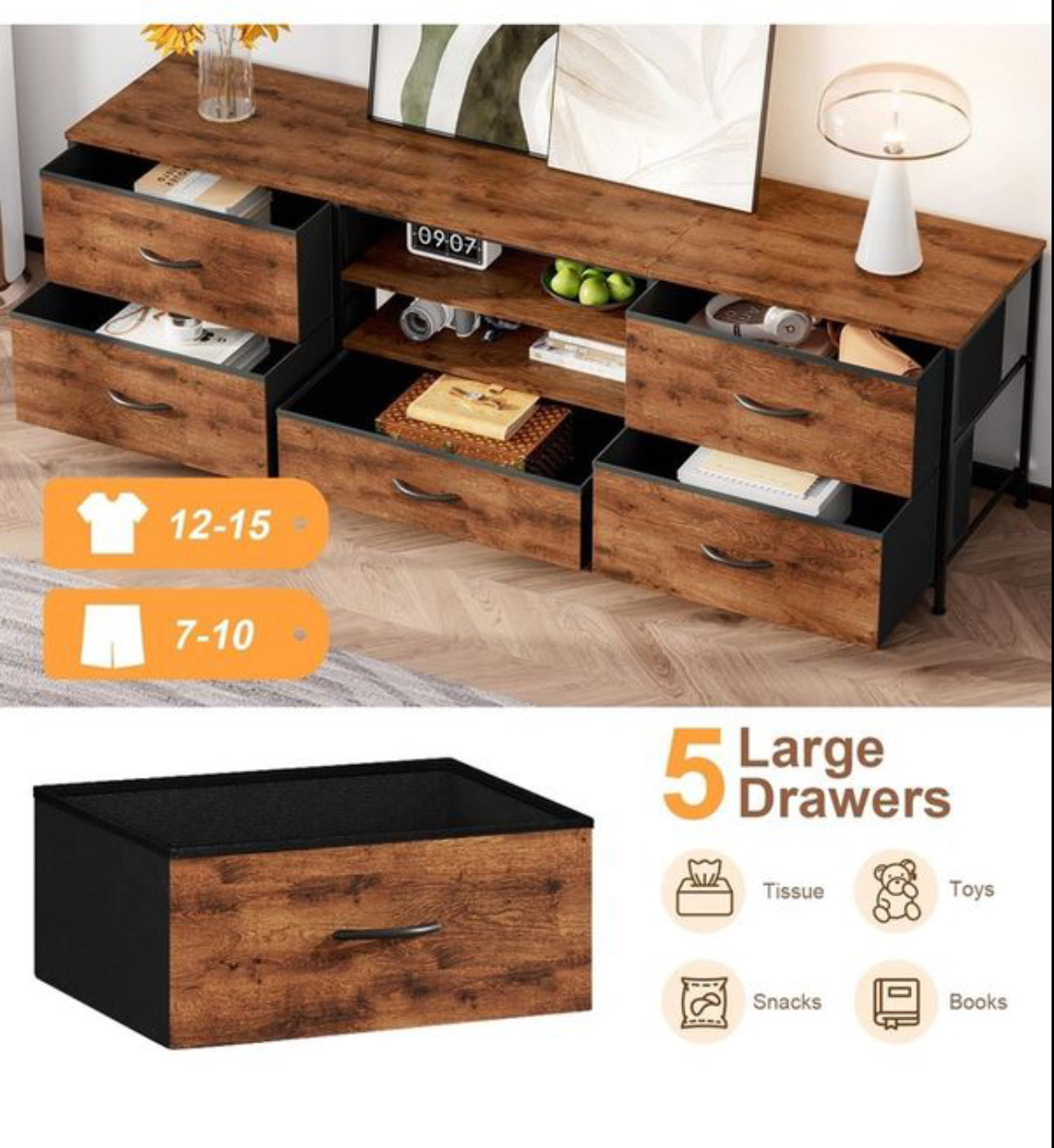 TV Stand Cabinet, TV Unit TV Console Table with 5 Drawers Storage Organizers