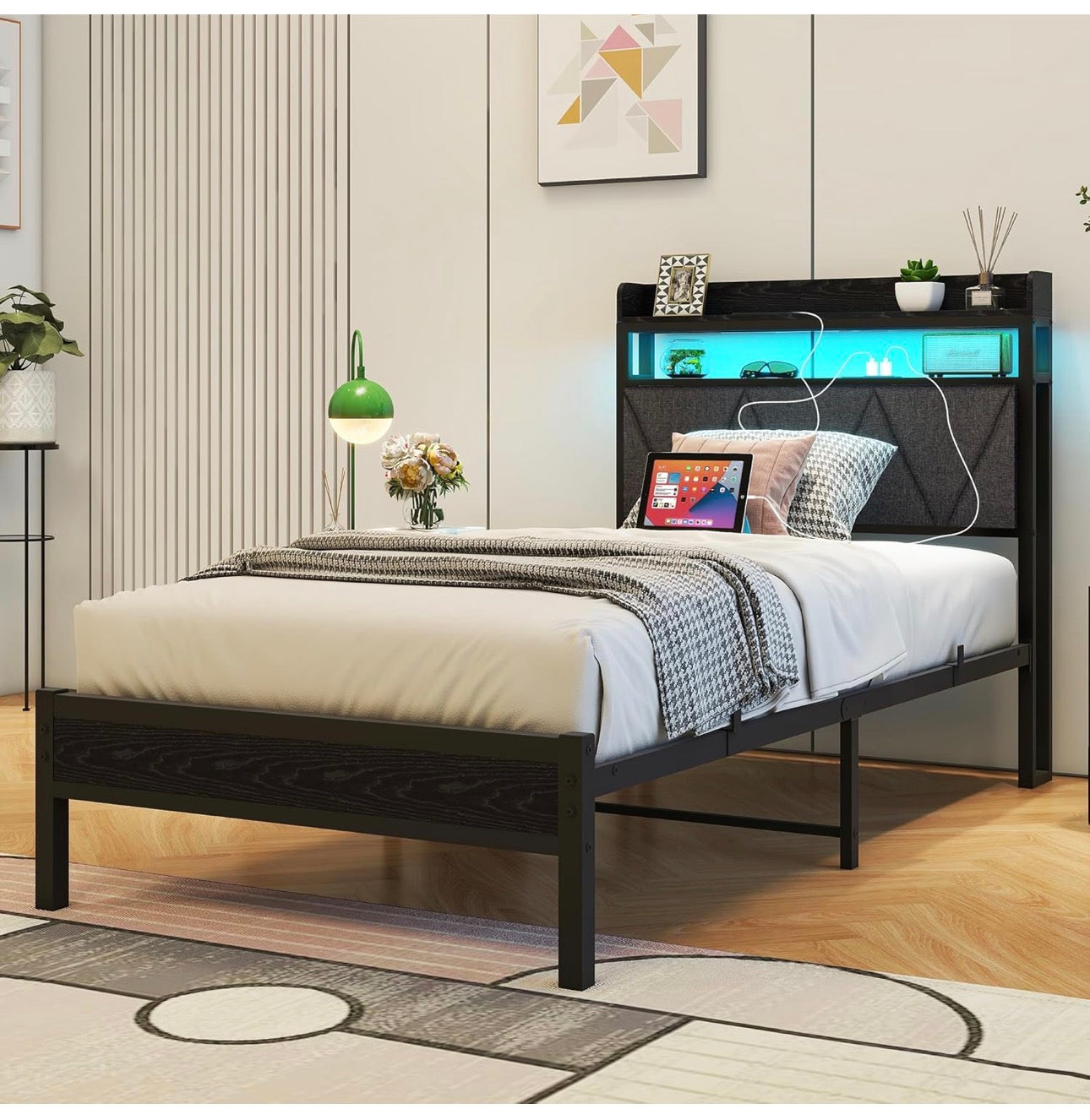 3ft Single Bed Frame with LED Lights Storage Upholstered Headboard and Charging Station